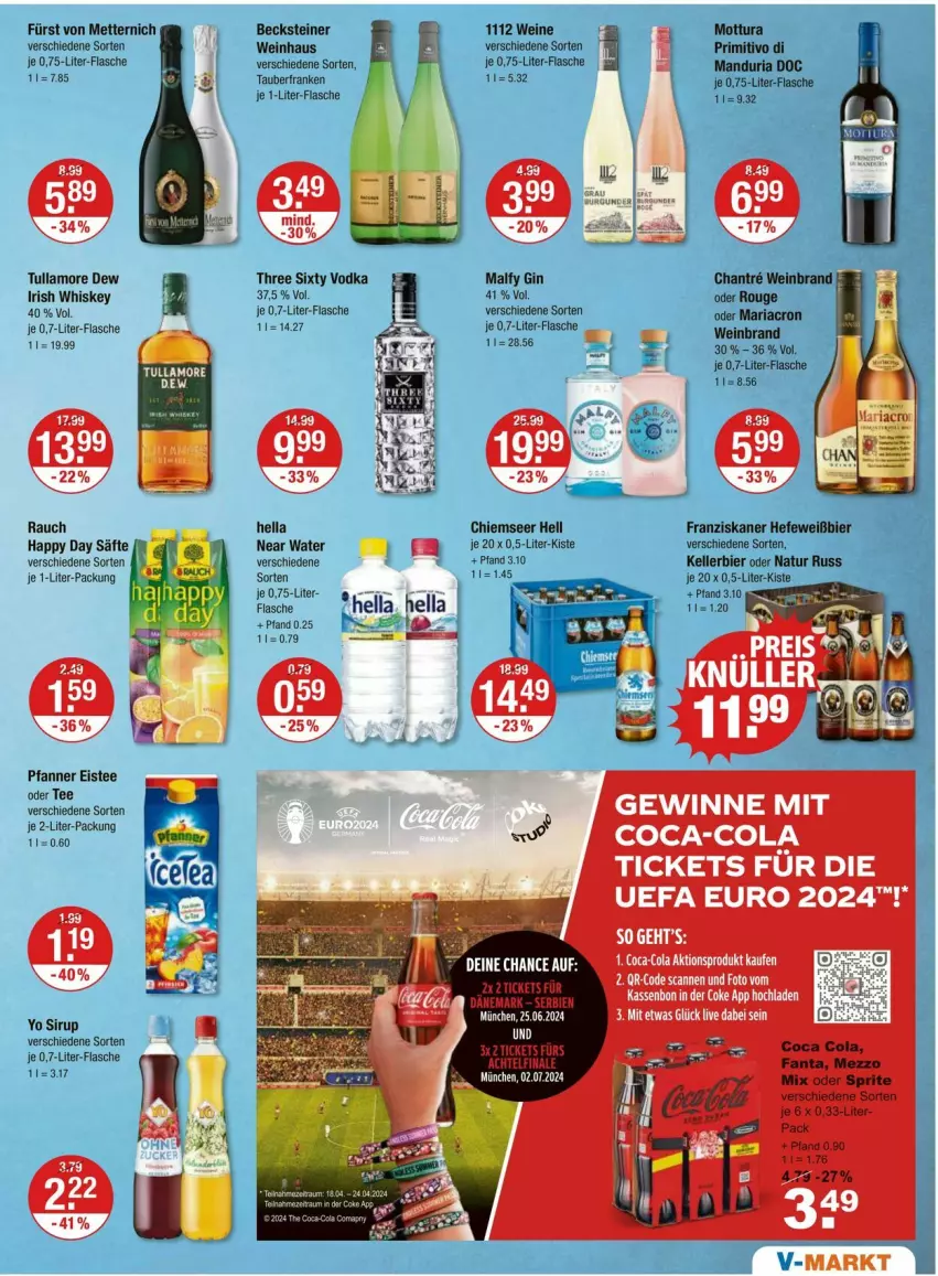 Aktueller Prospekt Vmarkt - Prospekte - von 18.04 bis 24.04.2024 - strona 9 - produkty: becks, becksteiner, bier, coca-cola, cola, eis, eistee, elle, flasche, franziskaner, fürst von metternich, gin, Happy Day, Hefe, hella, irish whiskey, je 1-liter-flasche, kellerbier, mariacron, Mett, metternich, natur, pfanne, Pfanner, primitivo, Rauch, Ria, rouge, säfte, Schere, sirup, steiner, tee, Three Sixty, Ti, tullamore, tullamore dew, vodka, wein, weinbrand, weine, whiskey, Yo