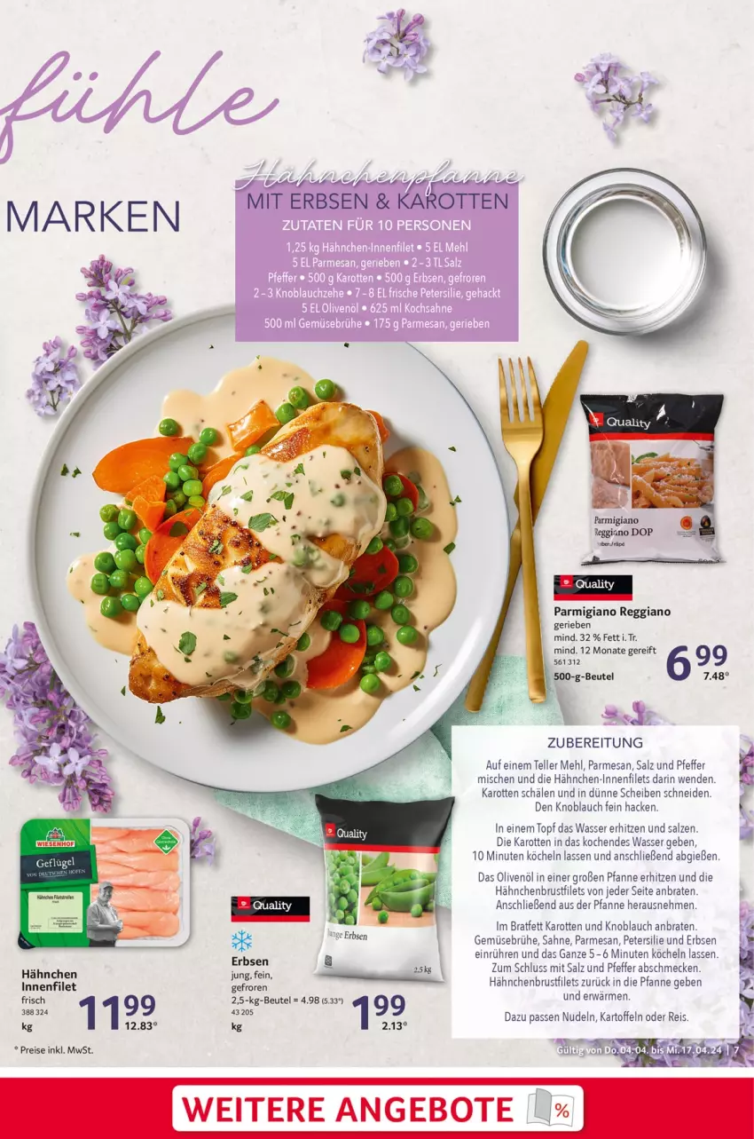 Aktueller Prospekt Selgros - Gastronomie - von 04.04 bis 17.04.2024 - strona 7 - produkty: angebot, angebote, beutel, braten, Brühe, brustfilet, eis, elle, ente, erbsen, filet, filets, Gemüsebrühe, Hähnchen-Innenfilets, hähnchenbrust, hähnchenbrustfilet, karotten, kartoffel, kartoffeln, knoblauch, mehl, nudel, nudeln, olive, oliven, olivenöl, parmigiano, parmigiano reggiano, petersilie, pfanne, pfeffer, reggiano, reis, sahne, salz, teller, topf, wasser