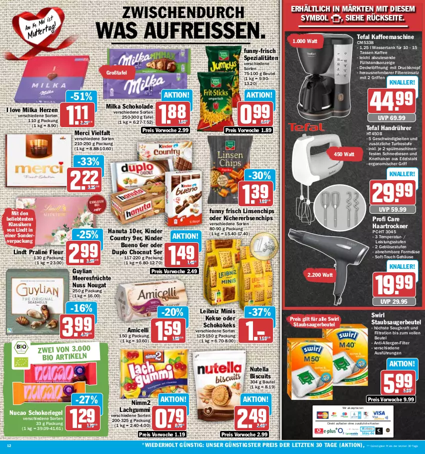 Aktueller Prospekt Hit - Prospekte - von 08.05 bis 13.05.2023 - strona 12 - produkty: amicelli, beutel, bio, chips, decke, Deckel, duplo, edelstahl, eis, erbsen, früchte, Funny Frisch, funny-frisch, haartrockner, hanuta, kaffee, kaffeemaschine, keks, kekse, kichererbsen, Kinder, kinder bueno, kinder country, kraft, lachgummi, leibniz, lindt, linsen, meeresfrüchte, merci, milka, milka schokolade, nimm2, nuss, nutella, reis, reiss, riegel, Schneebesen, schoko, schokolade, schokoriegel, Spezi, spülmaschinen, staubsauger, staubsaugerbeutel, swirl, tasse, tefal, Ti, Tiere, Trockner, wasser, wassertank, ZTE