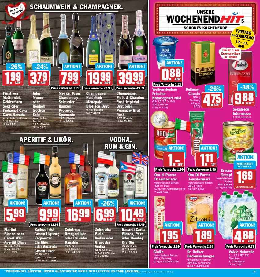 Aktueller Prospekt Hit - Prospekte - von 08.05 bis 13.05.2023 - strona 15 - produkty: aktionspreis, amarula, aperitif, bacardi, backmischung, Backmischungen, baileys, Becher, beutel, brut, Cava, champagne, champagner, chardonnay, dallmayr, Dr. Oetker, dry gin, ecco, eier, eierlikör, eintopf, eis, elle, erasco, espresso, flasche, freixenet, fürst von metternich, geldermann, gin, giotto, henkel, henkell, Henkell Trocken, intermezzo, irish cream, joghur, joghurt, joghurt mild, jules mumm, likör, liqueur, martini, Mett, metternich, mumm, natur, naturjoghurt, orange, orangen, oro di parma, prosecco, puma, reis, rel, Ria, rum, Segafredo, sekt, spumante, Ti, tomate, tomaten, tomatenmark, topf, verpoorten, vodka, volvic, weihenstephan, wein, ZTE