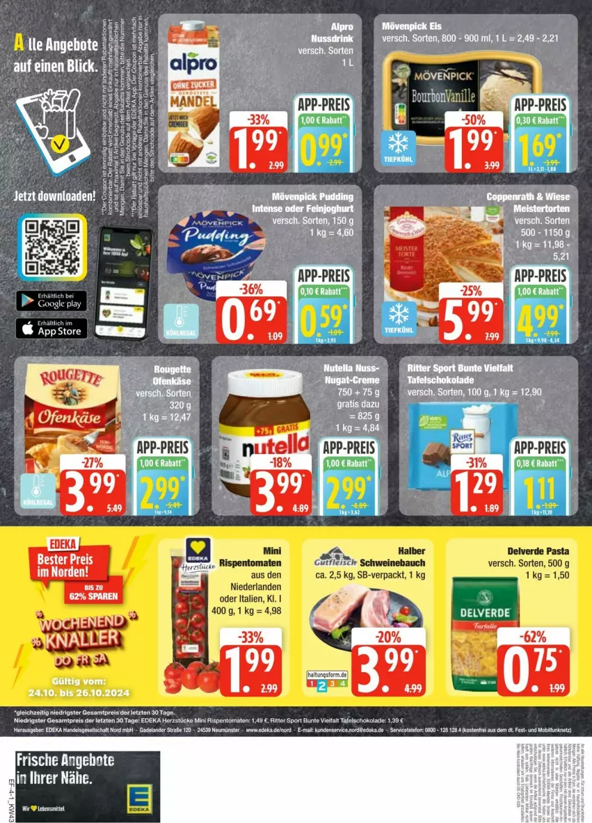 Aktueller Prospekt Edeka - Prospekte - von 19.10 bis 25.10.2024 - strona 4 - produkty: Bau, bourbon, bourbonvanille, eis, ente, erde, google play, lebensmittel, pasta, reis, rispentomaten, schwein, schweine, Schweinebauch, Ti, tomate, tomaten, vanille, wein, weine, ZTE