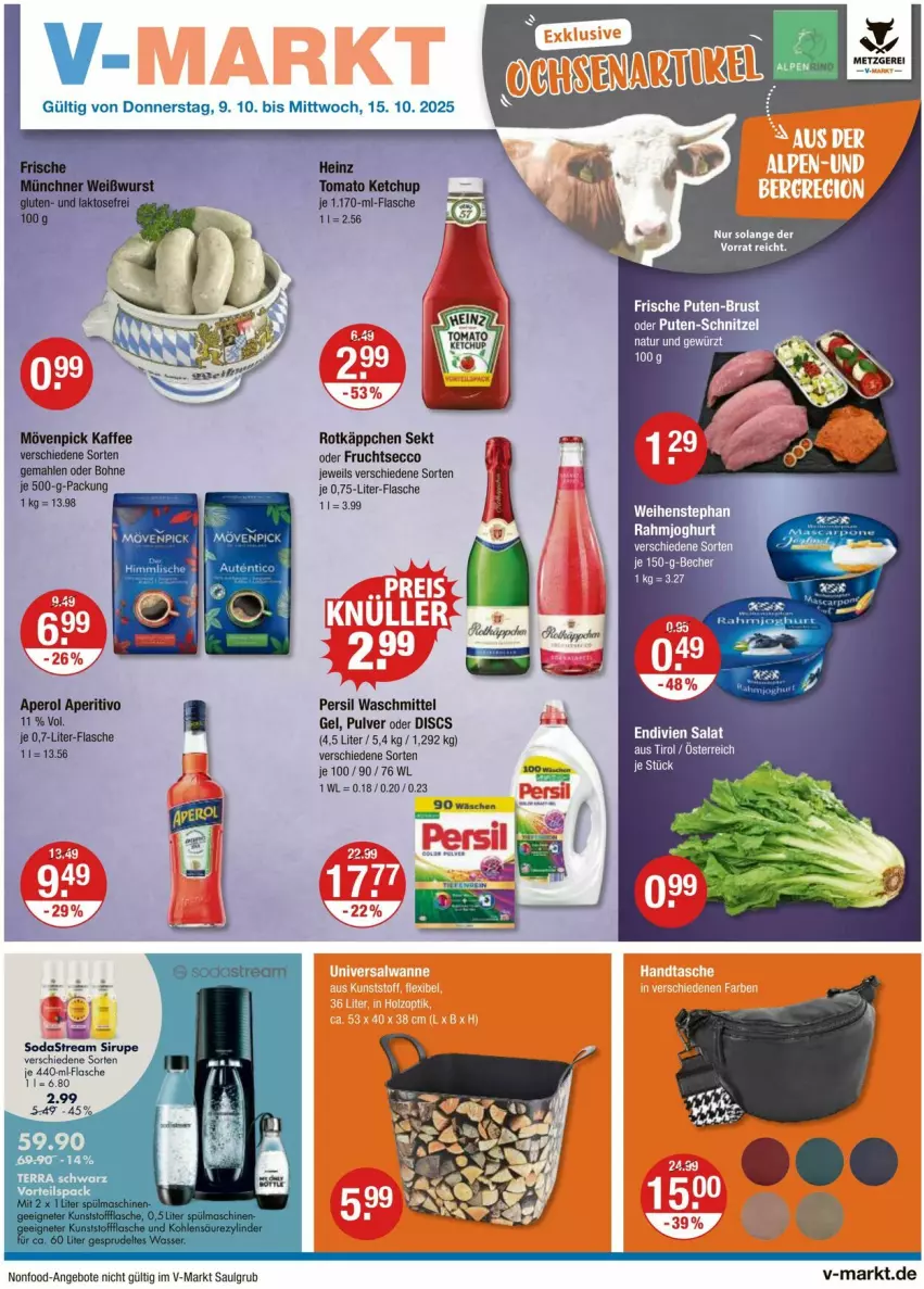 Aktueller Prospekt Vmarkt - Prospekte - von 09.10 bis 15.10.2025 - strona 1 - produkty: angebot, angebote, aperol, Becher, bohne, ecco, eis, flasche, frucht, fruchtsecco, gewürz, joghur, joghurt, kaffee, LG, mövenpick, mövenpick kaffee, natur, persil, persil waschmittel, pute, rahmjoghurt, rotkäppchen, sac, sekt, sirup, Soda, sodastream, Ti, waschmittel, weihenstephan