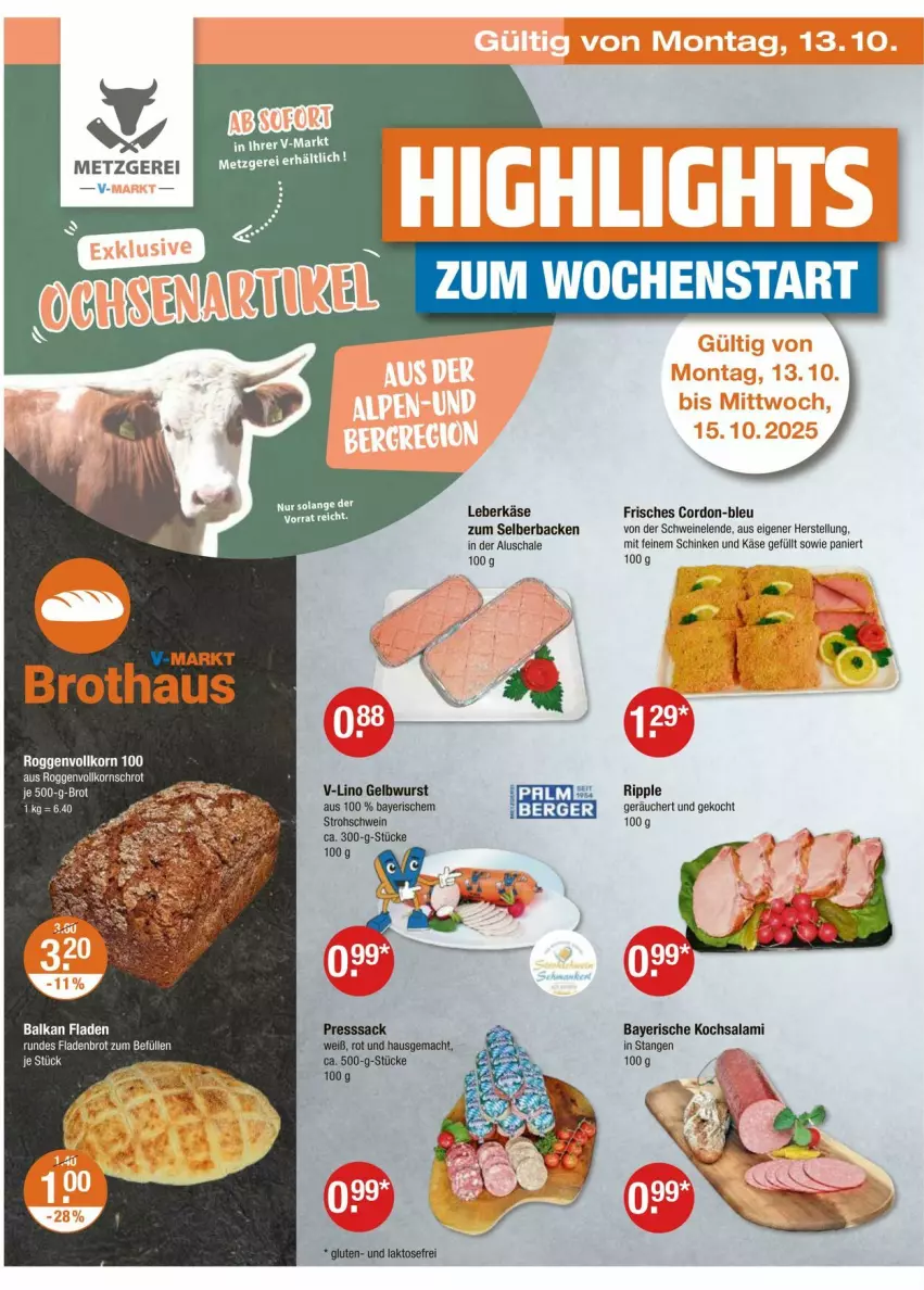 Aktueller Prospekt Vmarkt - Prospekte - von 09.10 bis 15.10.2025 - strona 18 - produkty: brot, Fladenbrot, Käse, korn, leberkäs, leberkäse, mac, presssack, sac, salami, Schal, Schale, schinken, schwein, schweine, wein, weine, wurst
