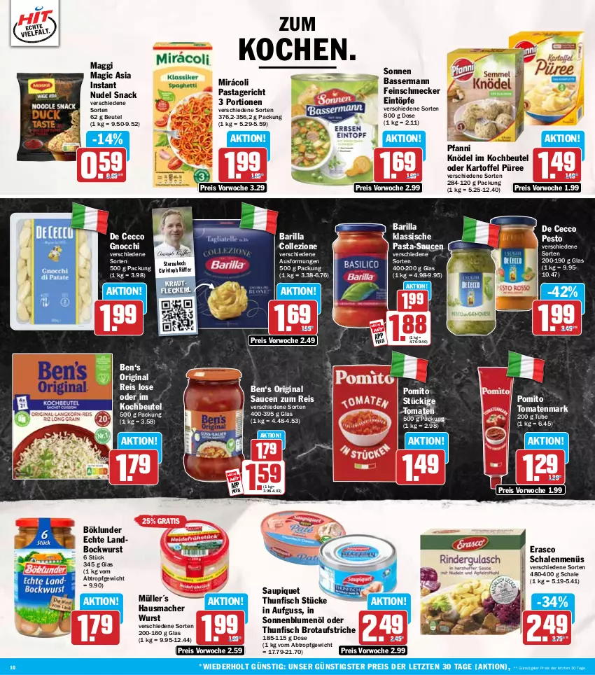 Aktueller Prospekt Hit - Wochenprospekt - von 14.07 bis 19.07.2025 - strona 10 - produkty: aufstrich, barilla, beutel, blume, blumen, blumenöl, bockwurst, böklunder, brot, brotaufstrich, brotaufstriche, De Cecco, ecco, eintöpfe, eis, erasco, feinschmecker, fisch, gin, gnocchi, Hausmacher, kartoffel, Knödel, kochbeutel, Kraut, mac, maggi, Mirácoli, Müller, nudel, pasta, pasta-sauce, Pastagericht, pesto, pfanni, pomito, püree, reis, sauce, saucen, saupiquet, Schal, Schale, snack, sonnenblume, sonnenblumen, sonnenblumenöl, thunfisch, Ti, tomate, tomaten, tomatenmark, wurst, ZTE