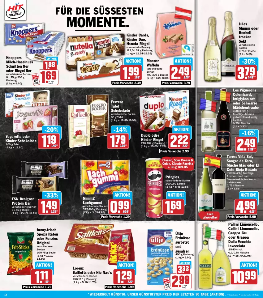 Aktueller Prospekt Hit - Wochenprospekt - von 14.07 bis 19.07.2025 - strona 12 - produkty: alkohol, beutel, chia, duplo, eis, ente, erdnüsse, ferrero, finesse, flasche, frucht, funny-frisch, gin, grappa, hanuta, haselnuss, henkel, henkell, Henkell Trocken, jules mumm, Kinder, kinder riegel, kinder schokolade, knoppers, lachgummi, limo, lorenz, Manner, milch, mumm, nero, nimm2, nuss, nutella, paprika, pringles, reis, riegel, ring, rioja, saft, saltletts, salz, schnitten, schoko, schokolade, sekt, sour cream, Spezi, Ti, ültje, ültje erdnüsse, waffeln, Yo, yogurette, ZTE
