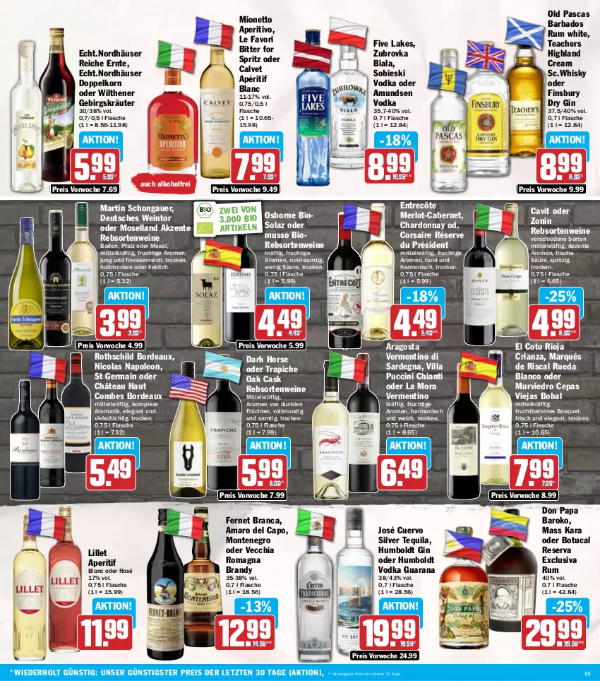 Aktueller Prospekt Hit - Wochenprospekt - von 14.07 bis 19.07.2025 - strona 13 - produkty: alkohol, amaro, Amaro del Capo, aperitif, auer, Bad, bio, cabernet, Cap, chardonnay, chia, chianti, cin, cola, Corsaire, doppelkorn, dry gin, eis, ente, entrecôte, Fernet, fernet branca, finesse, finsbury, flasche, frucht, früchte, früchten, Germ, gin, José Cuervo, korn, kräuter, lillet, merl, merlot, mionetto, monte, moselland, olaz, osborne, Rana, rebsortenweine, reis, Ria, rioja, rum, tequila, Ti, tuc, Vecchia Romagna, vodka, wein, weine, whisky, wilthener, zonin, ZTE