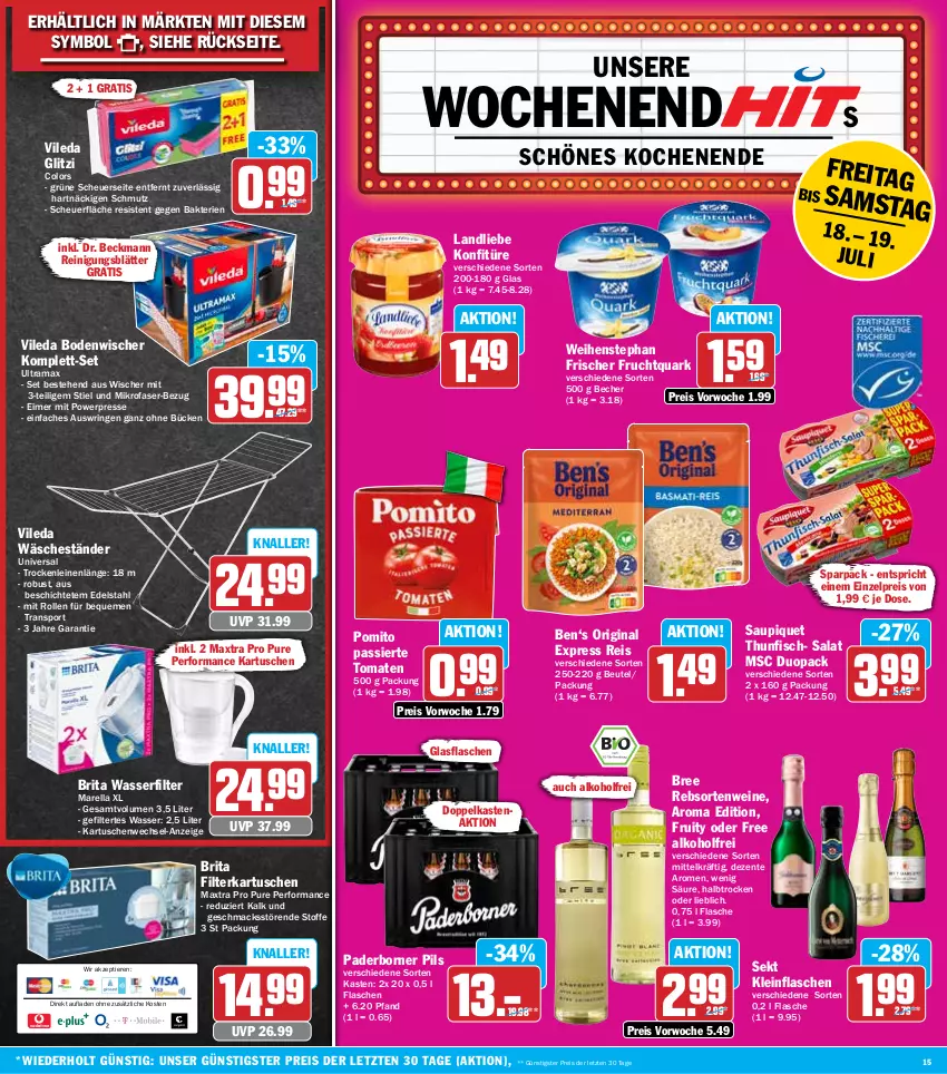 Aktueller Prospekt Hit - Wochenprospekt - von 14.07 bis 19.07.2025 - strona 15 - produkty: alkohol, Becher, beutel, bodenwischer, bree, brita, Dr. Beckmann, edelstahl, eimer, eis, ente, filterkartuschen, fisch, flasche, frucht, Fruchtquark, gin, glasflasche, Heu, konfitüre, landliebe, leine, mac, Maxtra, mikrofaser, pils, pomito, quark, rama, rebsortenweine, Reinigung, reis, rel, ring, salat, saupiquet, sekt, Sport, thunfisch, Ti, Tiere, tomate, tomaten, vileda, wasser, wasserfilter, wasserfilter marella, weihenstephan, wein, weine, ZTE