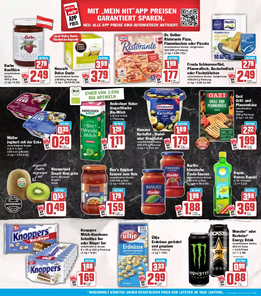Aktueller Prospekt Hit - Wochenprospekt - von 14.07 bis 19.07.2025 - strona 18 - produkty: andechser natur, auto, backofen, barilla, Becher, bio, cola, darbo, dolce gusto, Dr. Oetker, drink, eis, Elan, energy drink, erdnüsse, filet, fisch, fischstäbchen, flammkuchen, flasche, frosta, früchte, gin, grill, haselnuss, homann, joghur, joghurt, joghurt mit der ecke, kartoffel, Käse, kiwi, knoppers, konfitüre, Kraut, krautsalat, kuchen, lamm, milch, monster, Müller, natur, Nescafé, nudel, nuss, Ofen, pasta, pasta-sauce, pfanne, pfannen, pfannenkäse, pizza, rapso, rapsöl, reines rapsöl, reis, riegel, ristorante, ristorante pizza, Rockstar, salat, salz, sauce, saucen, schlemmerfilet, schnitten, starbucks, Ti, tisch, ültje, ültje erdnüsse, und pfanne, zespri, ZTE