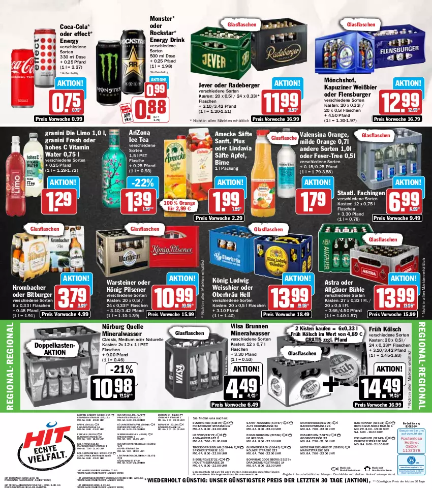 Aktueller Prospekt Hit - Wochenprospekt - von 14.07 bis 19.07.2025 - strona 19 - produkty: Alwa, amecke, angebot, angebote, apfel, Astra, auer, Bad, Berger, bier, bio, bitburger, braun, brunnen, burger, coca-cola, cola, drink, Effect, eimer, eis, elle, energy drink, Engel, fever-tree, fisch, flasche, flensburger, Früh Kölsch, glasflasche, granini, granini die limo, Hohes C, ice tea, jever, könig pilsener, krombache, krombacher, LG, limo, Lübecker, mineralwasser, mönchshof, monster, natur, orange, pils, pilsener, radeberger, Rauch, reis, rel, Rockstar, säfte, Staatl. Fachingen, steiner, Ti, uhr, valensina, vilsa, vita, warsteiner, wasser, weissbier, ZTE