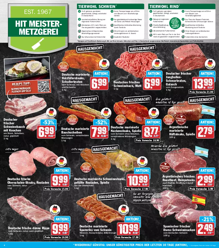 Aktueller Prospekt Hit - Wochenprospekt - von 14.07 bis 19.07.2025 - strona 4 - produkty: auer, Bau, bauchscheiben, Bauer, beef, bio, braten, eis, ente, fleisch, Geflügel, gulasch, Holz, holzfällersteaks, hüftsteak, hüftsteaks, jungbullen, Meister, Mett, monitor, Nackensteak, nackensteaks, natur, Nestea, orange, pute, reis, Ria, rind, rindfleisch, ring, roastbeef, rouladen, rum, rumpsteak, Schal, Schale, schmorbraten, schwein, schweine, Schweinebauch, schweinenacken, spareribs, Spezi, Sport, steak, steaks, Ti, Tiere, tisch, wein, weine, Weste, ZTE