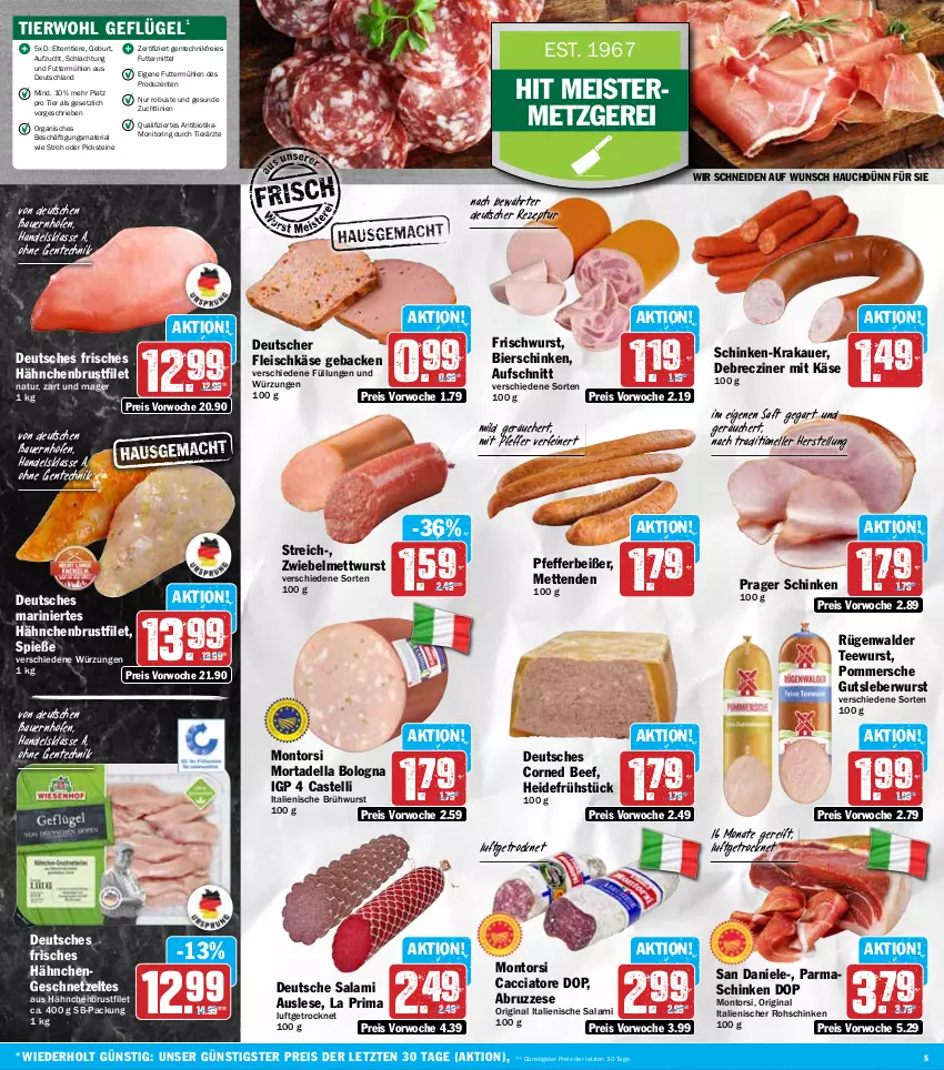Aktueller Prospekt Hit - Wochenprospekt - von 14.07 bis 19.07.2025 - strona 5 - produkty: ACC, auer, aufschnitt, Bau, Bauer, beef, bier, bierschinken, bio, Brühwurst, brustfilet, corned beef, debrecziner, dell, eis, elle, ente, filet, fleisch, fleischkäse, geback, Geflügel, geschnetzeltes, gin, gutsleberwurst, hähnchenbrust, hähnchenbrustfilet, Hähnchengeschnetzeltes, heidefrühstück, Käse, krakauer, leberwurst, Meister, Mett, metten, Mettenden, mettwurst, monitor, montorsi, mortadella, natur, parmaschinken, pfeffer, Pfefferbeißer, Pommersche, reis, rezept, Ria, ring, rohschinken, rügenwalder, saft, salami, schinken, tee, teewurst, Ti, Tiere, wurst, Zelt, ZTE, zwiebel, zwiebelmettwurst