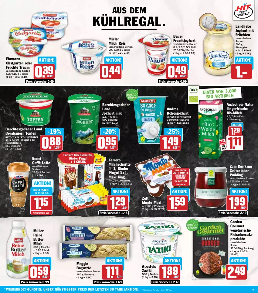 Aktueller Prospekt Hit - Wochenprospekt - von 14.07 bis 19.07.2025 - strona 9 - produkty: aktionspreis, andechser natur, apostels, auer, aus dem kühlregal, baguette, Bau, Bauer, Becher, bio, butter, caffè latte, dessert, ehrmann, eis, emmi, ferrero, flasche, fleisch, frucht, früchte, früchten, fruchtjoghurt, garden gourmet, Garten, grütze, joghur, joghurt, joghurt mild, Kinder, kinder pingui, kokos, kühlregal, landliebe, landliebe joghurt, latte, meggle, milch, Milchschnitte, monte, Müller, natur, obst, obstgarten, pingui, pudding, regal, reis, Ti, topf, Topfen, Vegeta, zaziki, zott, Zott Monte, ZTE, Zum Dorfkrug