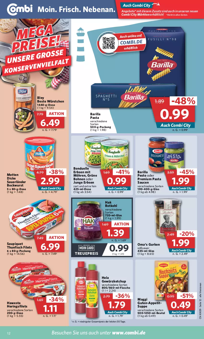 Aktueller Prospekt Combi - Prospekte - von 26.09 bis 01.10.2022 - strona 12 - produkty: angebot, angebote, auer, barilla, beutel, bley, bockwurst, bohne, bohnen, bonduelle, eis, elle, erbsen, filet, filets, fisch, flasche, gewürz, gewürzketchup, grüne bohnen, gurke, gurken, hawesta, Hela, hering, Herings, heringsfilets, junge erbsen, ketchup, maggi, Mett, metten, möhren, pasta, Pasta Sauce, pesto, reis, ring, rotkohl, sauce, saucen, saupiquet, suppe, thunfisch, thunfisch filets, Ti, wurst, würstchen, ZTE