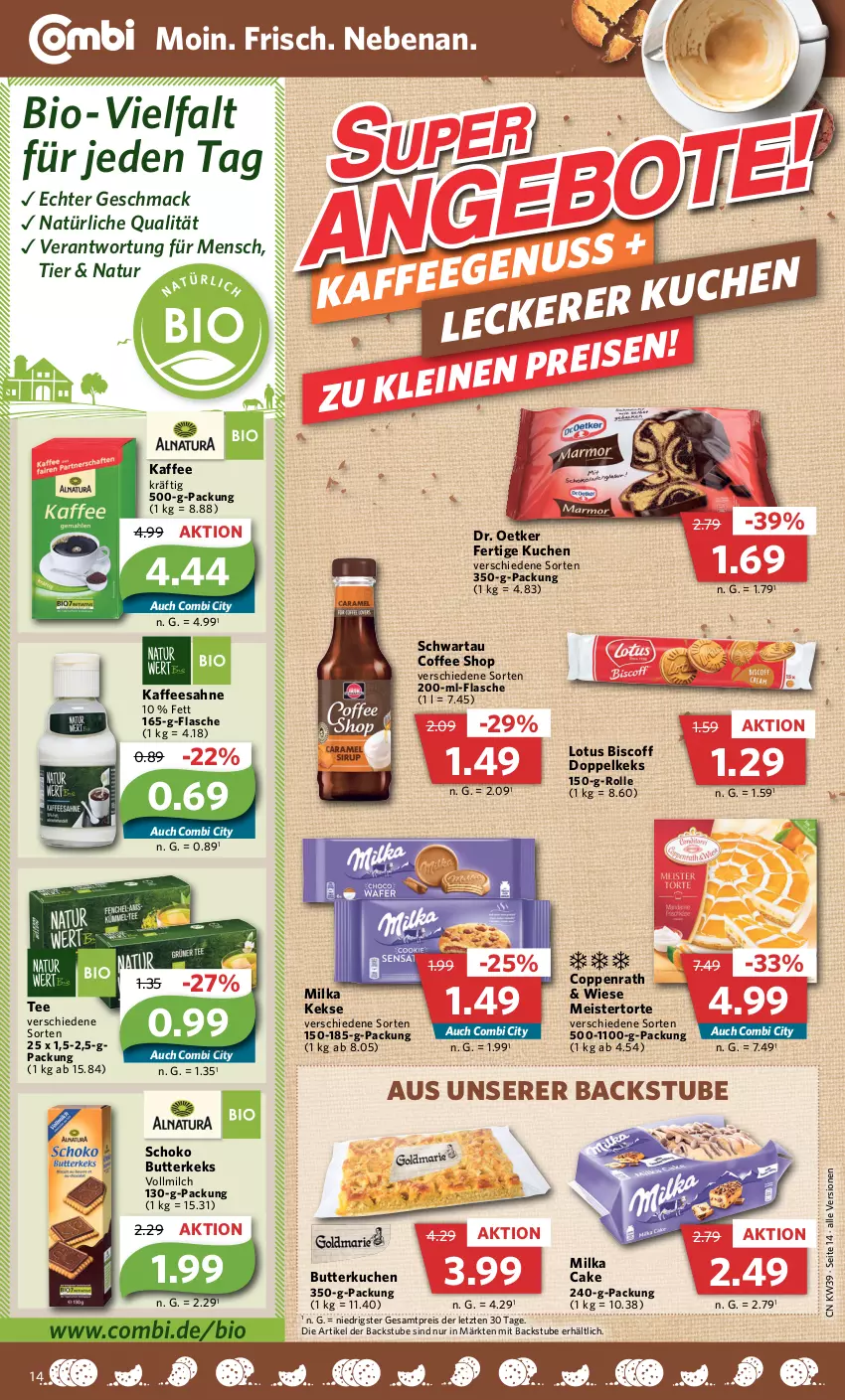 Aktueller Prospekt Combi - Prospekte - von 26.09 bis 01.10.2022 - strona 14 - produkty: bio, biscoff, butter, butterkeks, coppenrath, Dr. Oetker, eis, flasche, kaffee, keks, kekse, kuchen, mac, Meister, milch, milka, natur, reis, sahne, schoko, Schwartau, stube, tee, Ti, torte, vollmilch, ZTE