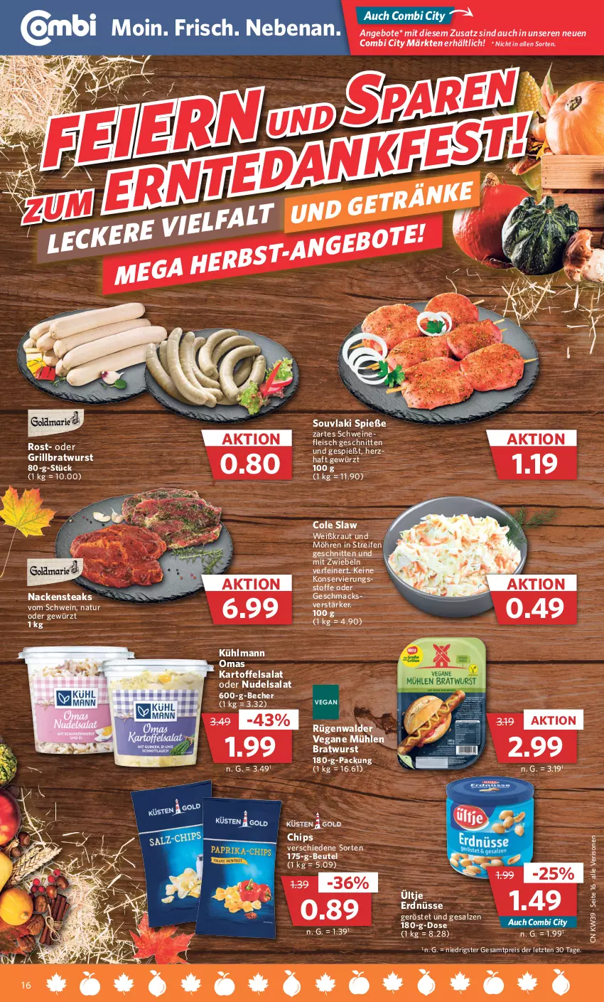 Aktueller Prospekt Combi - Prospekte - von 26.09 bis 01.10.2022 - strona 16 - produkty: angebot, angebote, Becher, beutel, bratwurst, chips, eis, erdnüsse, fleisch, gewürz, grill, grillbratwurst, kartoffel, kartoffelsalat, Kraut, kühlmann, mac, mit zwiebeln, möhren, Nackensteak, nackensteaks, natur, nudel, nudelsalat, reifen, reis, rügenwalder, salat, salz, schnitten, schwein, schweine, steak, steaks, Ti, ültje, ültje erdnüsse, wein, weine, wurst, ZTE, zwiebel, zwiebeln