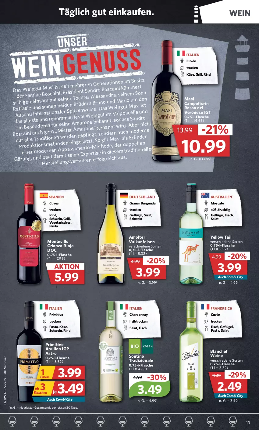 Aktueller Prospekt Combi - Prospekte - von 26.09 bis 01.10.2022 - strona 19 - produkty: amaro, auer, aust, Bau, burgunder, chardonnay, cuvée, eis, elle, fisch, flasche, frucht, Geflügel, grauer burgunder, grill, Käse, LG, Mode, monte, pasta, primitivo, reis, Ria, rind, rioja, salat, schwein, sim, Soda, Ti, tradizionale, usb, Vegeta, wein, weine, yellow tail, ZTE