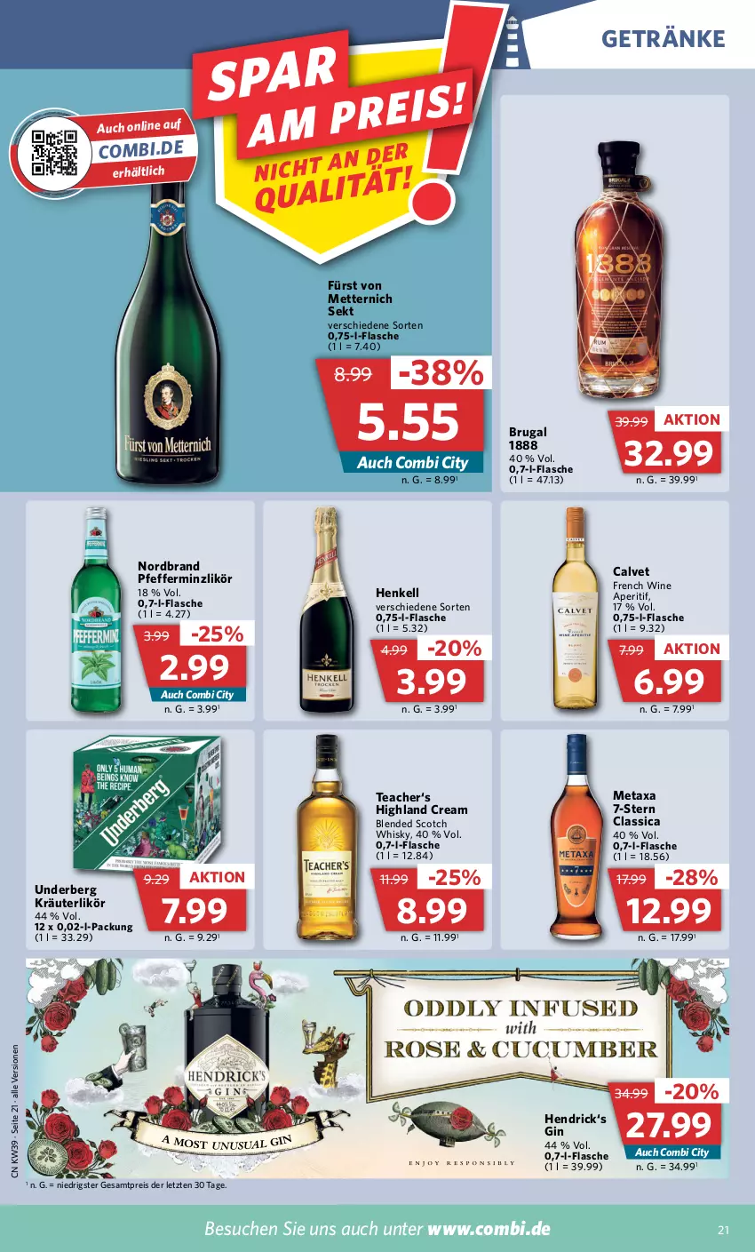 Aktueller Prospekt Combi - Prospekte - von 26.09 bis 01.10.2022 - strona 21 - produkty: aperitif, blended scotch, blended scotch whisky, eis, flasche, fürst von metternich, getränk, getränke, gin, henkel, henkell, kräuter, kräuterlikör, likör, Metaxa, Mett, metternich, nordbrand, pfeffer, pfefferminzlikör, reis, scotch, scotch whisky, sekt, Ti, underberg, whisky, ZTE