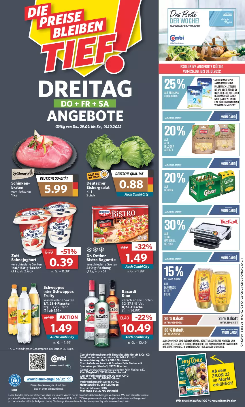 Aktueller Prospekt Combi - Prospekte - von 26.09 bis 01.10.2022 - strona 24 - produkty: angebot, angebote, auer, baguette, Becher, Berger, Bistro Baguette, braten, Dr. Oetker, drucker, eis, eisbergsalat, Engel, erde, felix, fisch, fische, Fischer, flasche, folgemilch, Garten, gösser, grill, hilcona, joghur, joghurt, kartoffel, kartoffeln, kerze, Kinder, langnese, LG, magazin, milch, nuss, papier, Rauch, reis, rezept, rezepte, rum, rwe, sahne, Sahnejoghurt, salat, salz, schinken, schwein, schweppes, Tchibo, tefal, Ti, wein, zott, ZTE