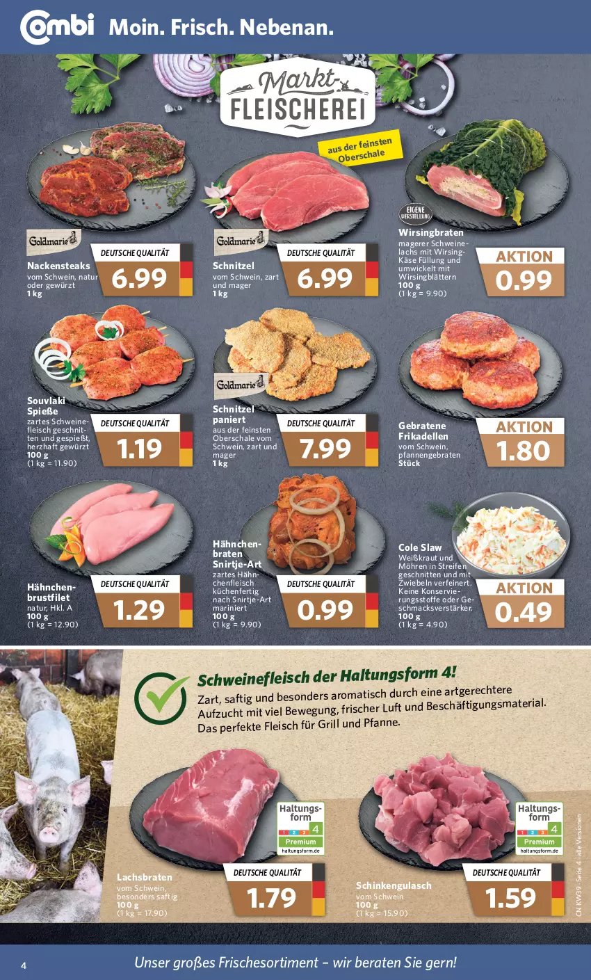 Aktueller Prospekt Combi - Prospekte - von 26.09 bis 01.10.2022 - strona 4 - produkty: braten, brustfilet, dell, eis, elle, filet, fleisch, frikadellen, gewürz, grill, gulasch, Käse, Kraut, küche, Küchen, lachs, Lachsbraten, mac, mit zwiebeln, möhren, Nackensteak, nackensteaks, natur, pfanne, pfannen, reifen, Ria, saft, Schal, Schale, schinken, schnitten, schnitzel, schwein, schweine, schweinefleisch, steak, steaks, Ti, wein, weine, WICK, Wirsing, zwiebel, zwiebeln