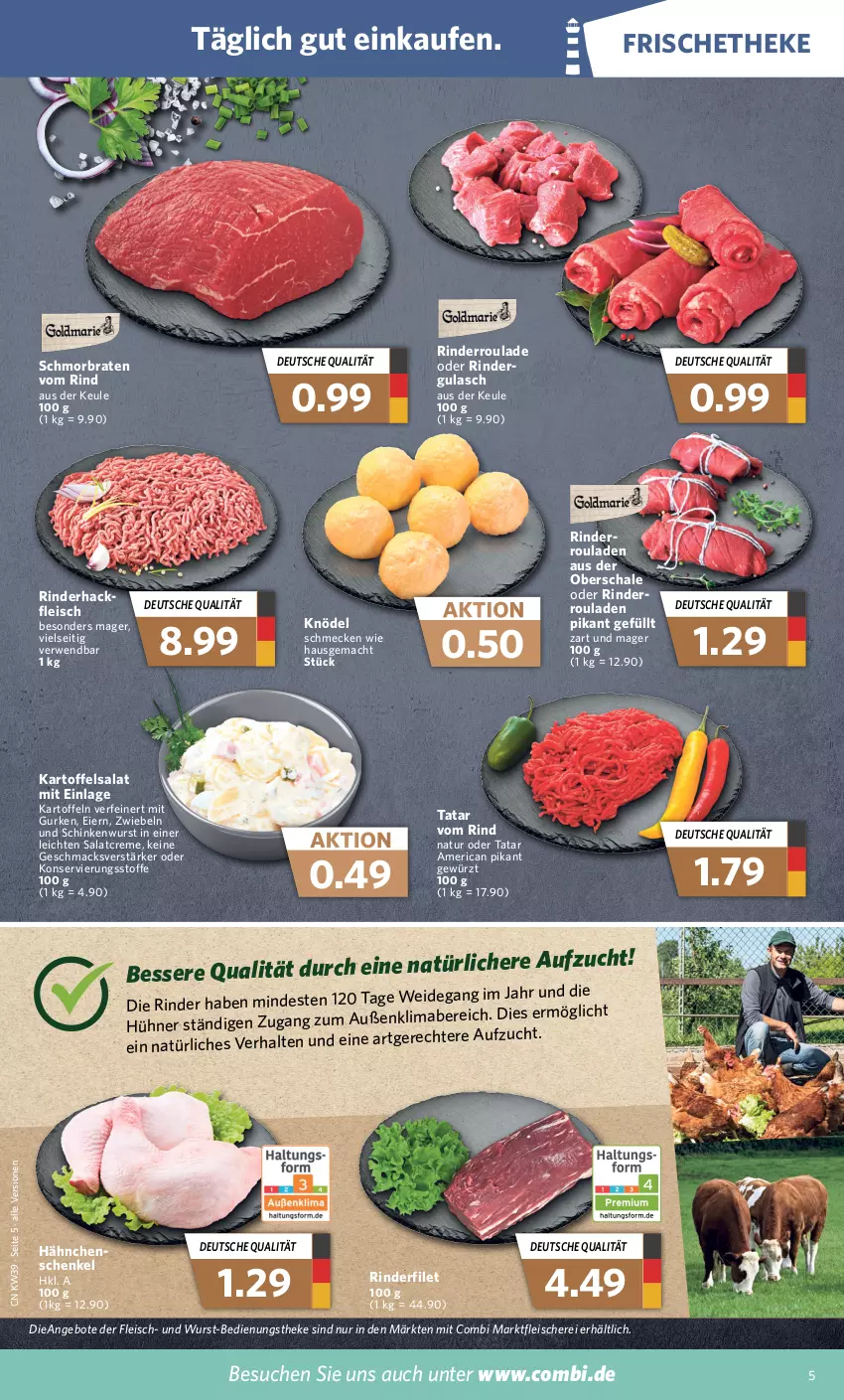 Aktueller Prospekt Combi - Prospekte - von 26.09 bis 01.10.2022 - strona 5 - produkty: angebot, angebote, braten, creme, eier, eis, filet, fleisch, Fleischerei, gewürz, gulasch, gurke, gurken, henkel, hühner, kartoffel, kartoffeln, kartoffelsalat, Knödel, mab, mac, natur, rind, rinder, rinderfilet, Rinderroulade, rouladen, rwe, salat, salatcreme, Schal, Schale, schenkel, Schere, schinken, schinkenwurst, schmorbraten, Ti, wurst, zwiebel, zwiebeln