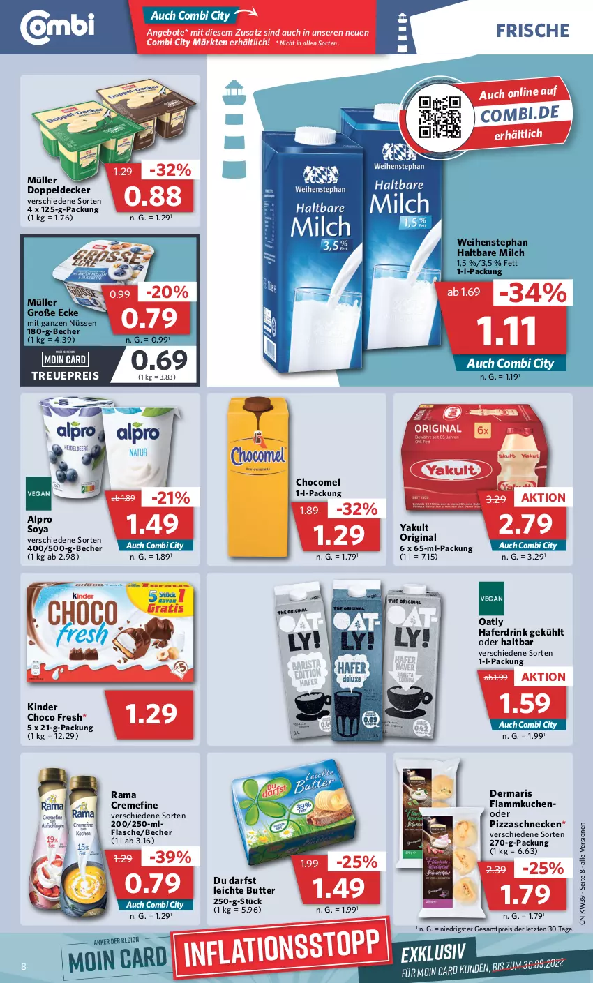 Aktueller Prospekt Combi - Prospekte - von 26.09 bis 01.10.2022 - strona 8 - produkty: alpro, angebot, angebote, Becher, butter, choco fresh, creme, decke, drink, eis, flammkuchen, flasche, gin, hafer, Haferdrink, haltbare milch, Kinder, Kinder Choco fresh, kuchen, lamm, milch, Müller, pizza, rama, rama cremefine, reis, soya, Ti, weihenstephan, ZTE