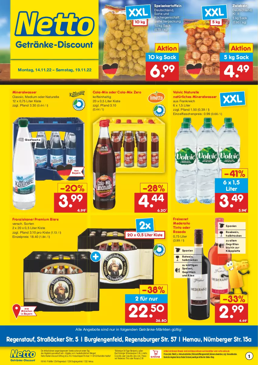 Aktueller Prospekt Netto Marken-Discount - Getränkemarkt in deiner Nähe - von 15.03.2021 bis 19.11.2022 - strona 1 - produkty: Alwa, angebot, angebote, Bad, Berger, bestpreis, bier, Biere, burger, cola, discount, eis, elle, flasche, franziskaner, freixenet, getränk, getränke, glasflasche, grill, Holz, kartoffel, kartoffeln, Käse, latte, LG, marken-discount, Mett, mineralwasser, natur, natürliches mineralwasser, ndk, nürnberger, regensburger, reis, rel, roséwein, rotwein, sac, speisekartoffeln, Ti, volvic, wasser, wein, ZTE, zwiebel, zwiebeln