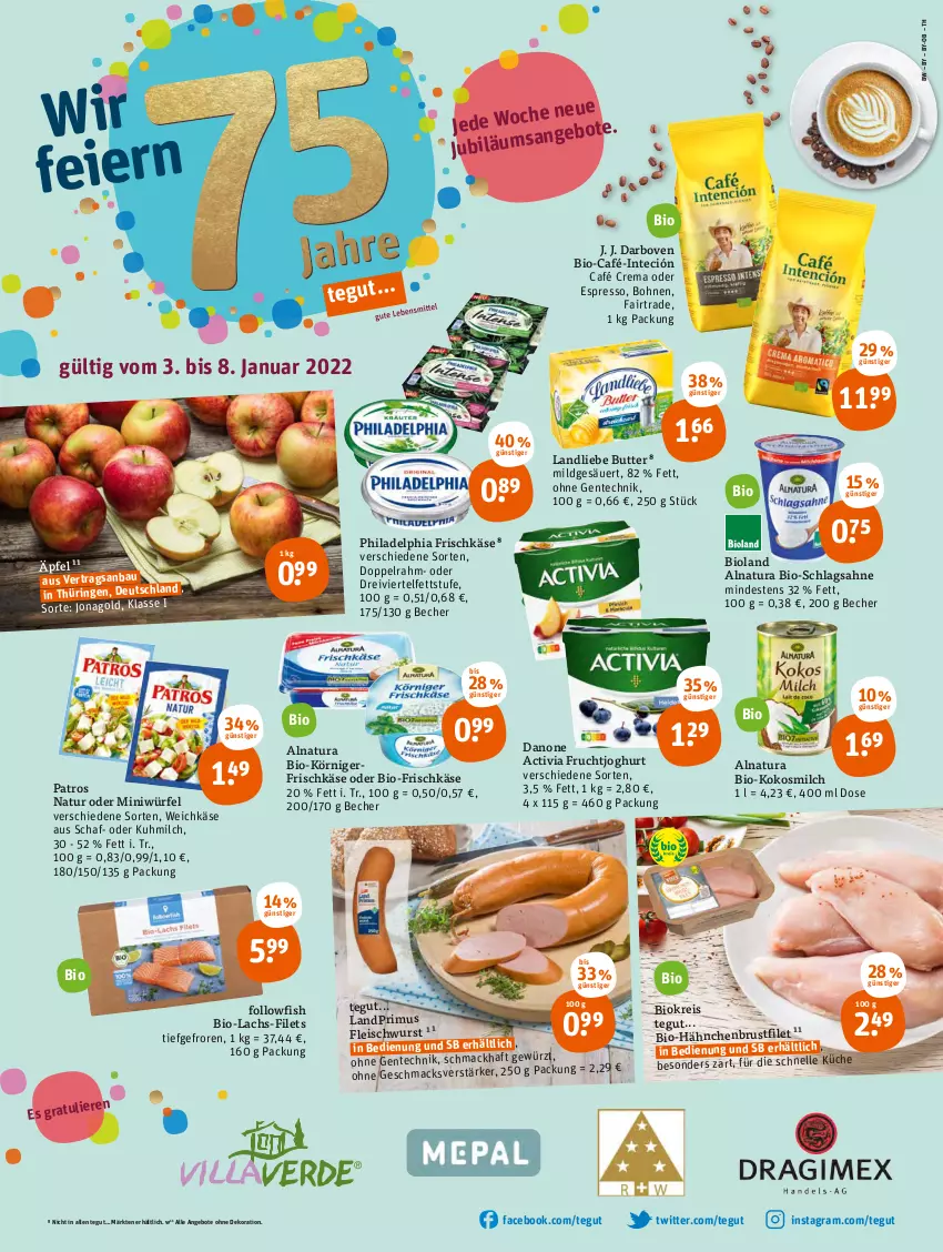 Aktueller Prospekt Tegut - Angebote der Woche - von 03.01 bis 08.01.2022 - strona 1 - produkty: activia, angebot, angebote, Bau, Becher, bio, bioland, bohne, bohnen, brustfilet, butter, danone, danone activia, darbo, darboven, dekoration, eis, elle, ente, espresso, filet, filets, fleisch, fleischwurst, followfish, frischkäse, frucht, fruchtjoghurt, hähnchenbrust, hähnchenbrustfilet, joghur, joghurt, Käse, kokos, kokosmilch, lachs, landliebe, mac, milch, natur, natura, oder espresso, patros, philadelphia, reis, ring, sahne, schlagsahne, Ti, weichkäse, würfel, wurst