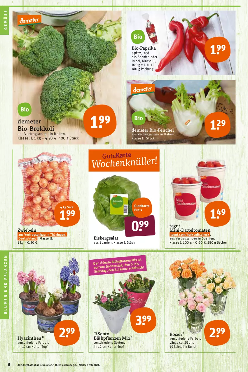 Aktueller Prospekt Tegut - Angebote der Woche - von 03.01 bis 08.01.2022 - strona 10 - produkty: angebot, angebote, Bau, Becher, bio, Bio-Paprika, blume, blumen, Blumen und Pflanzen, brokkoli, datteltomaten, dekoration, eis, eisbergsalat, fenchel, HP, paprika, pflanze, pflanzen, reis, ring, rosen, sac, salat, Ti, tomate, tomaten, topf, zwiebel, zwiebeln