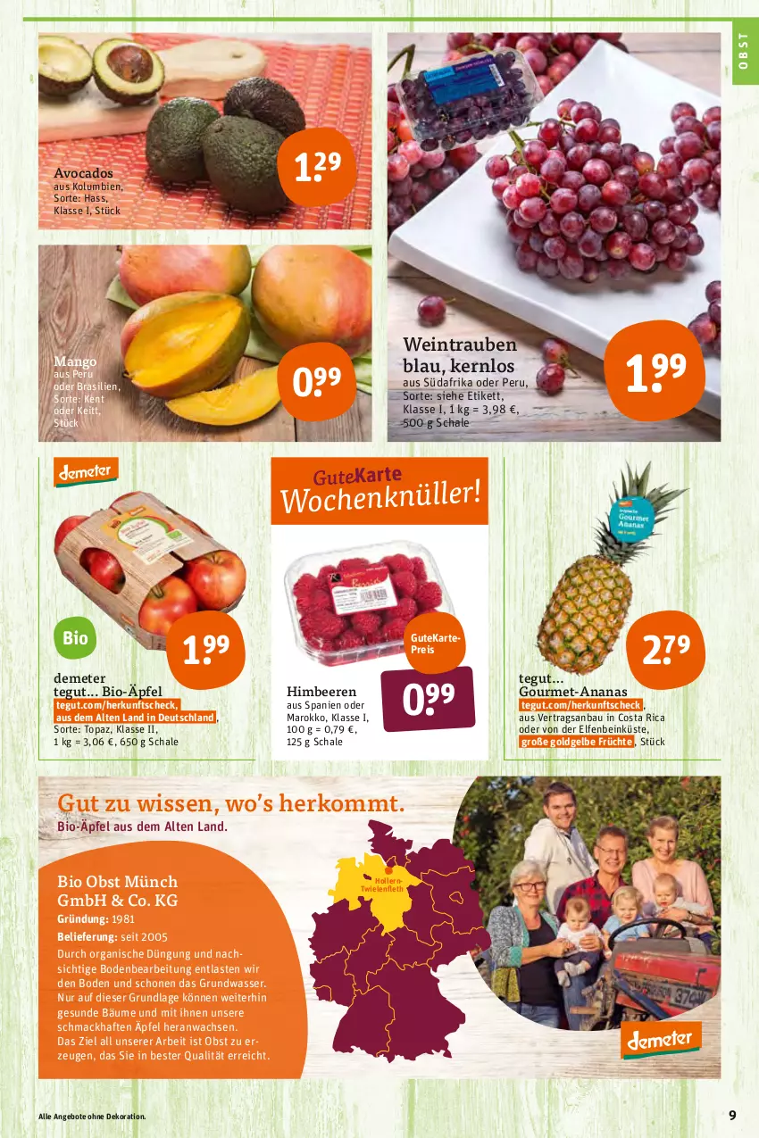 Aktueller Prospekt Tegut - Angebote der Woche - von 03.01 bis 08.01.2022 - strona 11 - produkty: ananas, angebot, angebote, avocado, avocados, Bau, beere, beeren, bio, dekoration, eis, früchte, himbeer, himbeere, himbeeren, mac, mango, obst, reis, Schal, Schale, Ti, trauben, wasser, wein