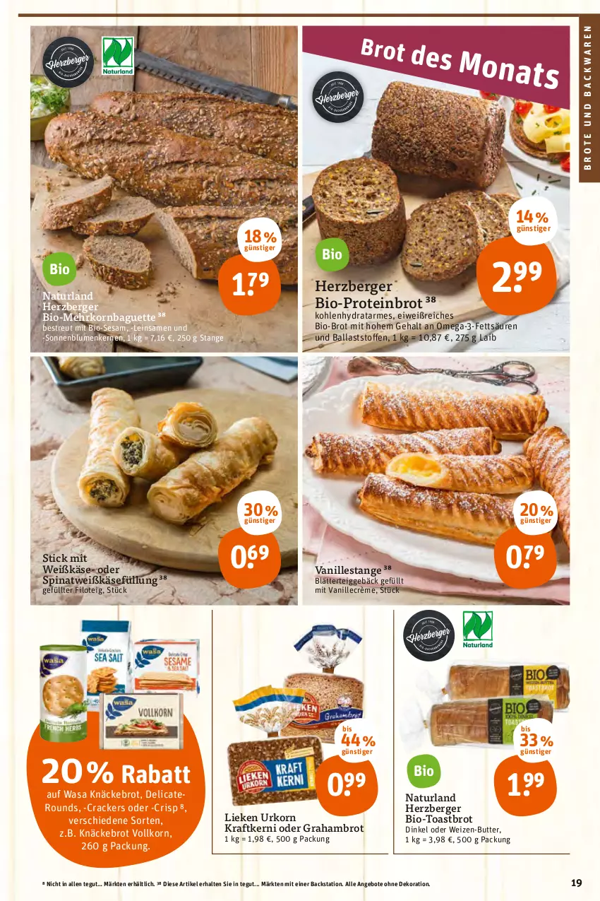 Aktueller Prospekt Tegut - Angebote der Woche - von 03.01 bis 08.01.2022 - strona 21 - produkty: angebot, angebote, backwaren, baguette, ball, Berger, bio, blätterteig, blätterteiggebäck, blume, blumen, brot, brote und backwaren, butter, cracker, dekoration, herzberger, Käse, knäckebrot, korn, kraft, lieken, natur, naturland, omega, Omega-3, sesam, sonnenblume, sonnenblumen, Sonnenblumenkerne, sonnenblumenkernen, spinat, Ti, toast, Toastbrot, urkorn, vanille, Vanillestange, wasa