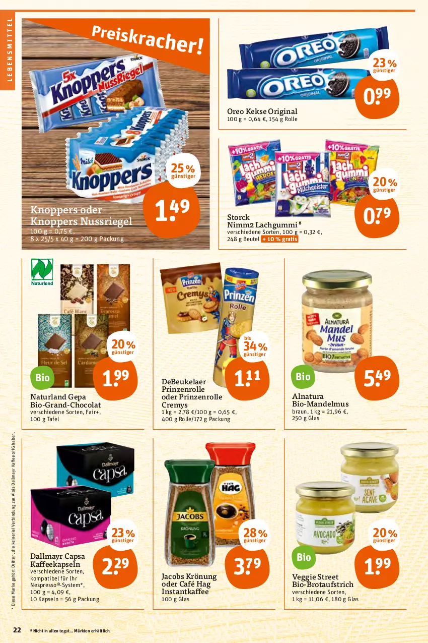 Aktueller Prospekt Tegut - Angebote der Woche - von 03.01 bis 08.01.2022 - strona 24 - produkty: aufstrich, beutel, bio, braun, brot, brotaufstrich, Cap, cola, cremys, dallmayr, dallmayr capsa, debeukelaer, espresso, gin, instantkaffee, jacobs, jacobs krönung, kaffee, kaffeekapseln, keks, kekse, knoppers, lachgummi, lebensmittel, mandel, Mandelmus, natur, natura, naturland, nespresso, nimm2, nuss, nussriegel, oreo, prinzenrolle, riegel, storck, Ti, veggie