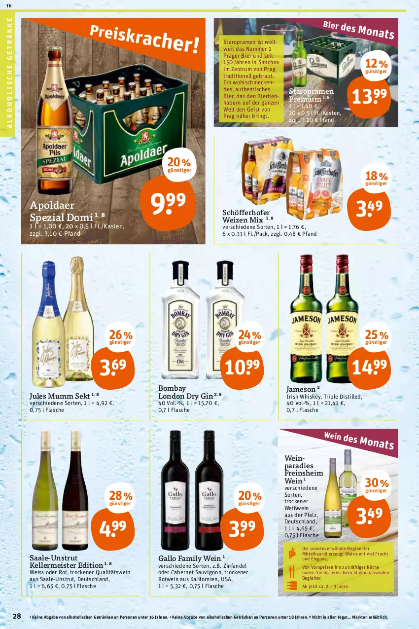 Aktueller Prospekt Tegut - Angebote der Woche - von 03.01 bis 08.01.2022 - strona 30 - produkty: alkohol, alkoholische getränke, bier, cabernet, cabernet sauvignon, dry gin, eis, elle, flasche, frucht, gallo, gallo family, getränk, getränke, gin, irish whiskey, jameson, jules mumm, küche, london dry, london dry gin, Meister, mumm, qualitätswein, ring, rotwein, rum, sauvignon, schöfferhofer, sekt, Spezi, Staropramen, Ti, tisch, vorspeise, wein, weine, Weißwein, weizen mix, whiskey