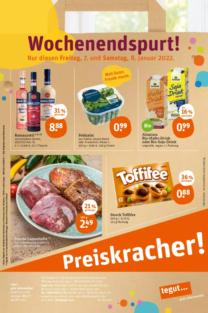 Aktueller Prospekt Tegut - Angebote der Woche - von 03.01 bis 08.01.2022 - strona 34 - produkty: alkohol, angebot, angebote, bio, dekoration, drink, feldsalat, flasche, Fulda, getränk, getränke, hafer, lamm, lebensmittel, natur, natura, rama, ramazzott, ramazzotti, rezept, rezepte, salat, Schal, Schale, soja, storck, Ti, toffifee, uhr, zott