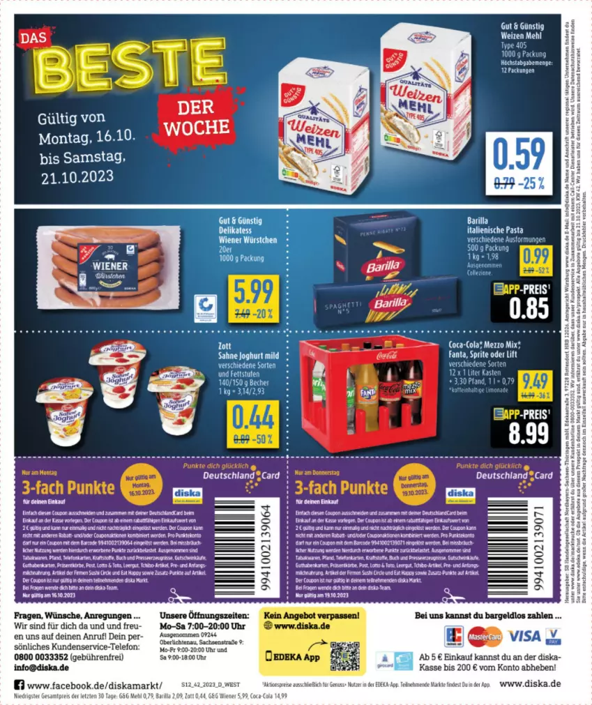 Aktueller Prospekt Diska - Prospekte - von 16.10 bis 21.10.2023 - strona 12 - produkty: angebot, angebote, barilla, Becher, coupon, deka, eis, ente, erde, fanta, guthabenkarte, gutschein, italienische pasta, joghur, joghurt, mehl, nuss, pasta, Roller, sahne, sahne joghurt, sprite, Sushi, tee, telefon, Ti, uhr, wiener