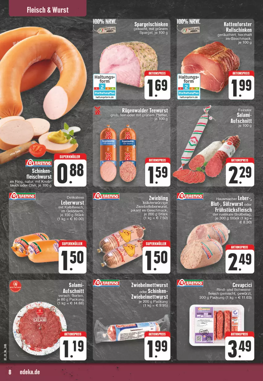 Aktueller Prospekt Edeka - Angebote der Woche - von 15.05 bis 20.05.2023 - strona 8 - produkty: aktionspreis, aufschnitt, brot, chili, eis, elle, fleisch, fleischwurst, frühstücksfleisch, gewürz, Hausmacher, Kalbfleisch, kräuter, leberwurst, mac, mit kalbfleisch, natur, pfeffer, reis, rel, rind, ring, rügenwalder, salami, schinken, schwein, schweine, spargel, spargelschinken, tee, teewurst, Ti, wein, weine, wurst, zwiebel