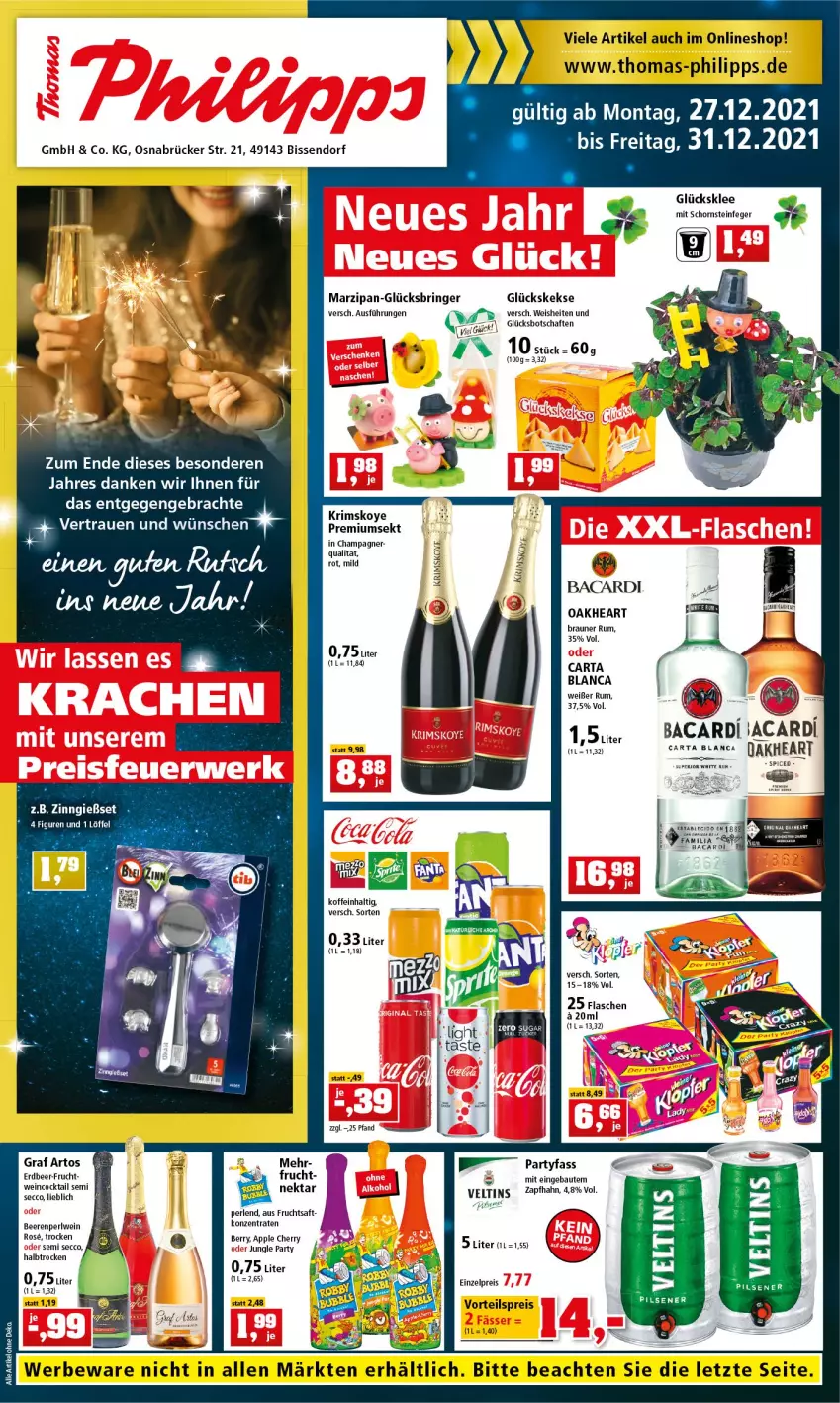 Aktueller Prospekt Thomas Philipps - Prospektwerbung - von 27.12 bis 31.12.2021 - strona 1 - produkty: Apple, bacardi, Bau, beere, beeren, braun, champagne, champagner, cin, cocktail, ecco, eis, flasche, frucht, fruchtsaft, glücksklee, keks, kekse, marzipan, Nektar, oakheart, perlen, reis, ring, rum, saft, Schornsteinfeger, sekt, Ti, veltins, vorteilspreis, wein, white rum, ZTE