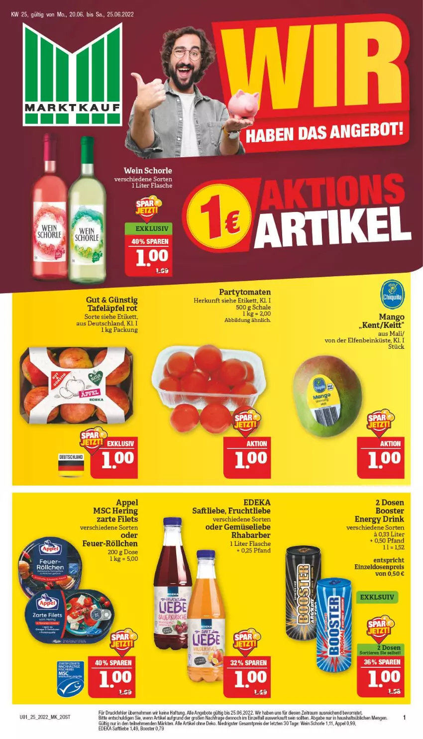 Aktueller Prospekt Marktkauf - Prospekt - von 19.06 bis 25.06.2022 - strona 1 - produkty: angebot, angebote, deka, eis, flasche, reis, saft, schorle, Ti, wein, ZTE