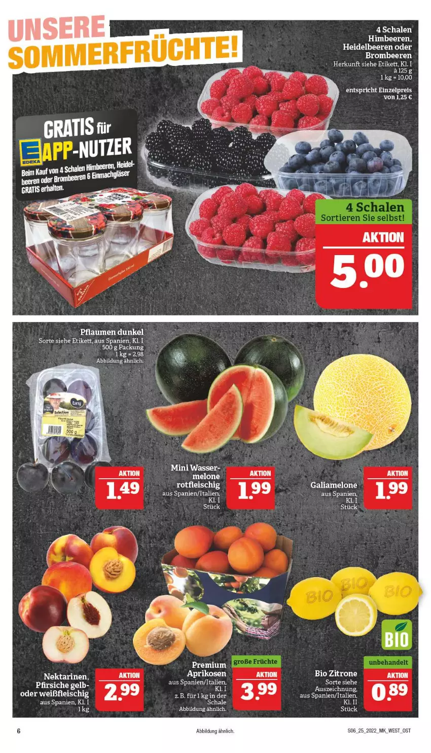 Aktueller Prospekt Marktkauf - Prospekt - von 19.06 bis 25.06.2022 - strona 10 - produkty: ball, beere, beeren, bio, brombeere, brombeeren, galiamelone, heidelbeere, heidelbeeren, himbeer, himbeere, himbeeren, melone, pflaume, pflaumen, Schal, Schale, Ti, wasser, zitrone