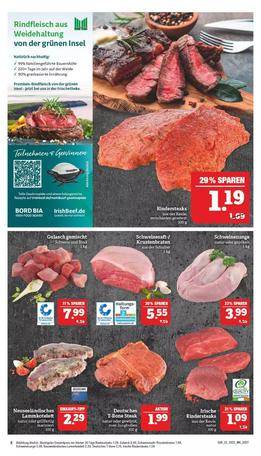 Aktueller Prospekt Marktkauf - Prospekt - von 19.06 bis 25.06.2022 - strona 12 - produkty: auer, Bau, Bauer, beef, braten, eis, fleisch, gewinnspiel, gewürz, grill, gulasch, kotelett, krustenbraten, lamm, lammkotelett, natur, reis, rezept, rezepte, rind, rinder, Rindersteak, rindfleisch, saft, schwein, schwein und rind, schweine, Schweinezunge, Spiele, steak, steaks, Ti, uhr, wein, weine, ZTE