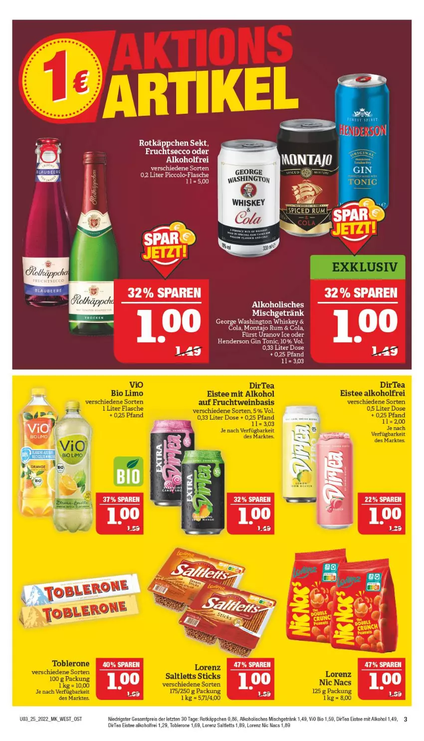 Aktueller Prospekt Marktkauf - Prospekt - von 19.06 bis 25.06.2022 - strona 3 - produkty: alkohol, bio, cola, eis, eistee, enders, flasche, getränk, gin, lorenz, reis, rotkäppchen, rum, saltletts, tee, toblerone, tonic, whiskey, ZTE