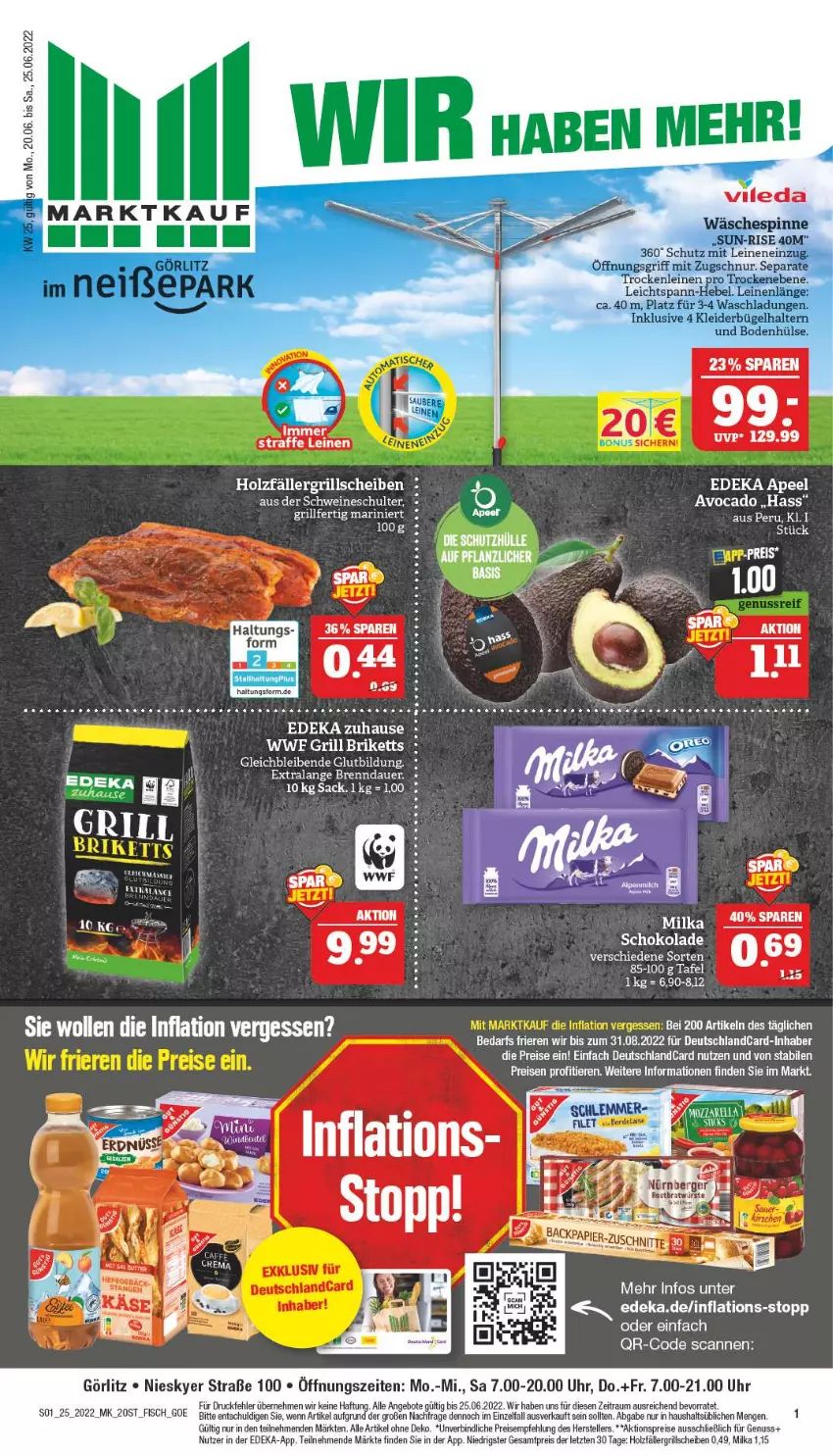 Aktueller Prospekt Marktkauf - Prospekt - von 19.06 bis 25.06.2022 - strona 5 - produkty: aktionspreis, angebot, angebote, auer, avocado, briketts, bügel, deka, deutschlandcard, eier, eis, elle, ente, fisch, grill, Holz, kleid, kleider, kleiderbügel, leine, milka, nuss, reis, schoko, schokolade, schwein, schweine, teller, Ti, Tiere, uhr, wäschespinne, wein, weine, ZTE