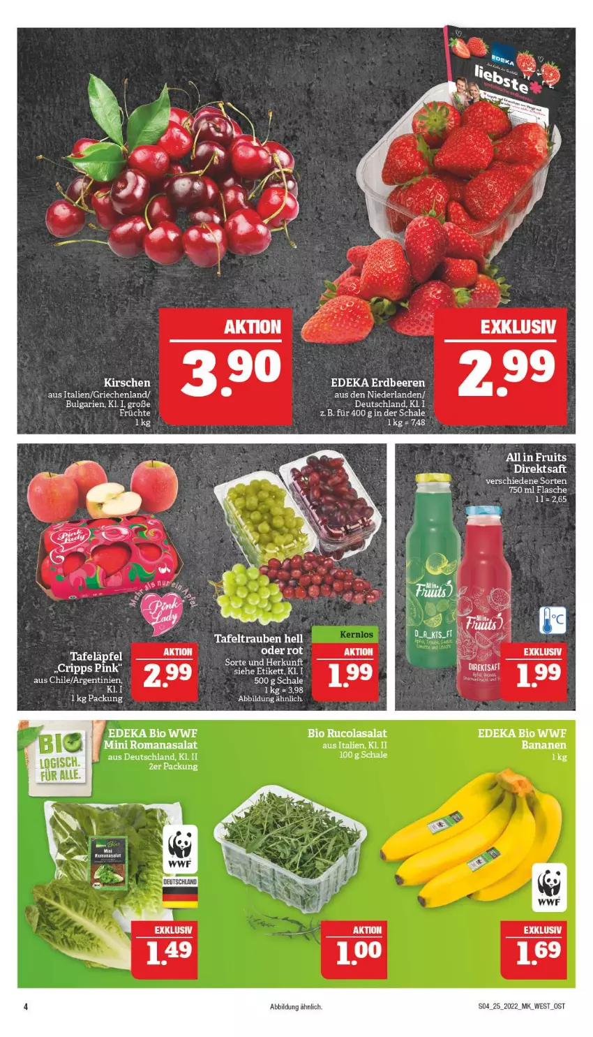 Aktueller Prospekt Marktkauf - Prospekt - von 19.06 bis 25.06.2022 - strona 8 - produkty: banane, bananen, bio, cola, deka, direktsaft, edeka bio, flasche, LG, Romanasalat, rucola, saft, salat, Schal, Schale, tafeläpfel, tafeltrauben, Ti, trauben