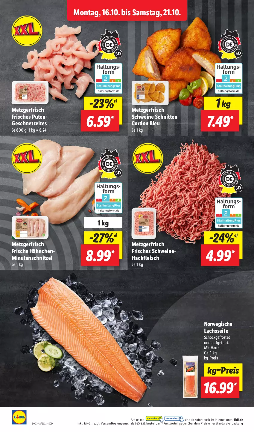 Aktueller Prospekt Lidl - Aktionsprospekt - von 16.10 bis 21.10.2023 - strona 10 - produkty: cordon bleu, eis, fleisch, Frische Hähnchen, geschnetzeltes, hackfleisch, lachs, minutenschnitzel, ndk, preisvorteil, pute, Putengeschnetzeltes, reis, rwe, Schal, Schale, schnitten, schnitzel, schwein, schweine, Schweinehackfleisch, Ti, wein, weine, Zelt