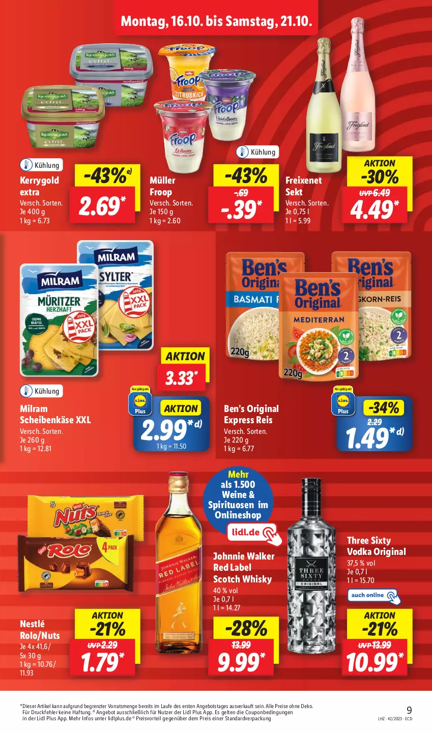 Aktueller Prospekt Lidl - Aktionsprospekt - von 16.10 bis 21.10.2023 - strona 13 - produkty: angebot, angebote, beko, Ben’s Original, coupon, decke, eis, freixenet, froop, gin, johnnie walker, Käse, kerrygold, kerrygold extra, milram, Müller, müller froop, nestlé, preisvorteil, reis, scotch, scotch whisky, sekt, spirituosen, Three Sixty, Ti, vodka, wein, weine, whisky, ZTE