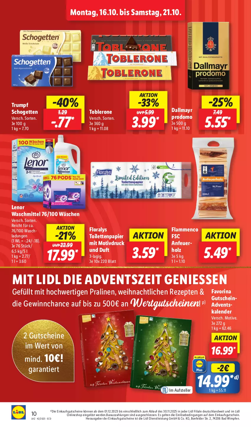 Aktueller Prospekt Lidl - Aktionsprospekt - von 16.10 bis 21.10.2023 - strona 14 - produkty: Adventskalender, Anfeuerholz, Bad, dallmayr, dallmayr prodomo, eis, elle, erde, Floralys, gutschein, gutscheine, Holz, lamm, lenor, lenor waschmittel, papier, pralinen, prodomo, rezept, rezepte, rum, schogetten, teller, Ti, toblerone, toilettenpapier, waschmittel