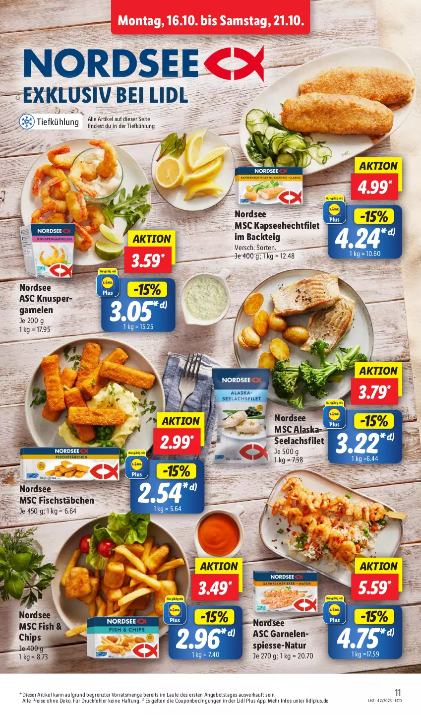 Aktueller Prospekt Lidl - Aktionsprospekt - von 16.10 bis 21.10.2023 - strona 15 - produkty: angebot, chips, coupon, eis, filet, fisch, fischstäbchen, garnelen, lachs, lachsfilet, natur, Nordsee, reis, seelachsfilet, Ti, ZTE