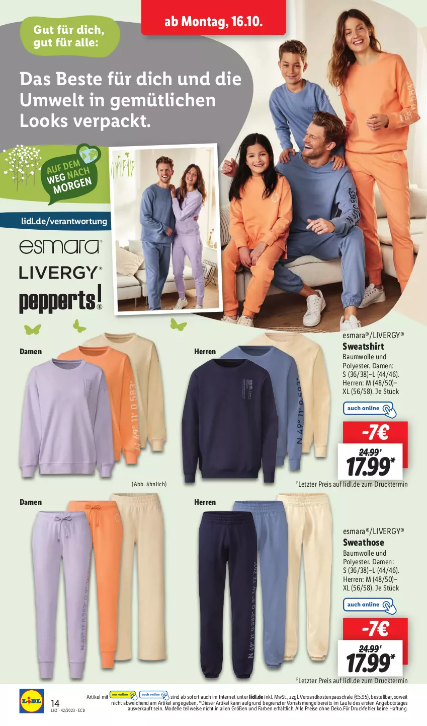 Aktueller Prospekt Lidl - Aktionsprospekt - von 16.10 bis 21.10.2023 - strona 20 - produkty: angebot, Bau, baumwolle, dell, eis, elle, esmara, hose, livergy, Mode, ndk, reis, Schal, Schale, shirt, Sweathose, Sweatshirt, Ti, wolle, ZTE