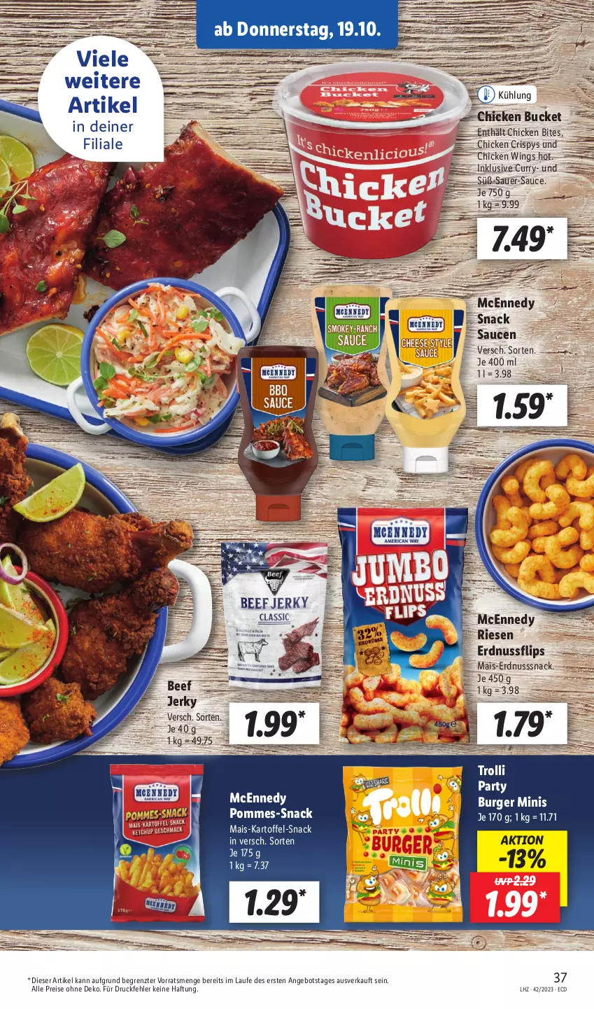 Aktueller Prospekt Lidl - Aktionsprospekt - von 16.10 bis 21.10.2023 - strona 49 - produkty: angebot, auer, beef, bites, burger, chicken wings, curry, eis, erdnuss, kartoffel, mais, mcennedy, nuss, pommes, reis, sauce, saucen, snack, Ti, trolli, ZTE