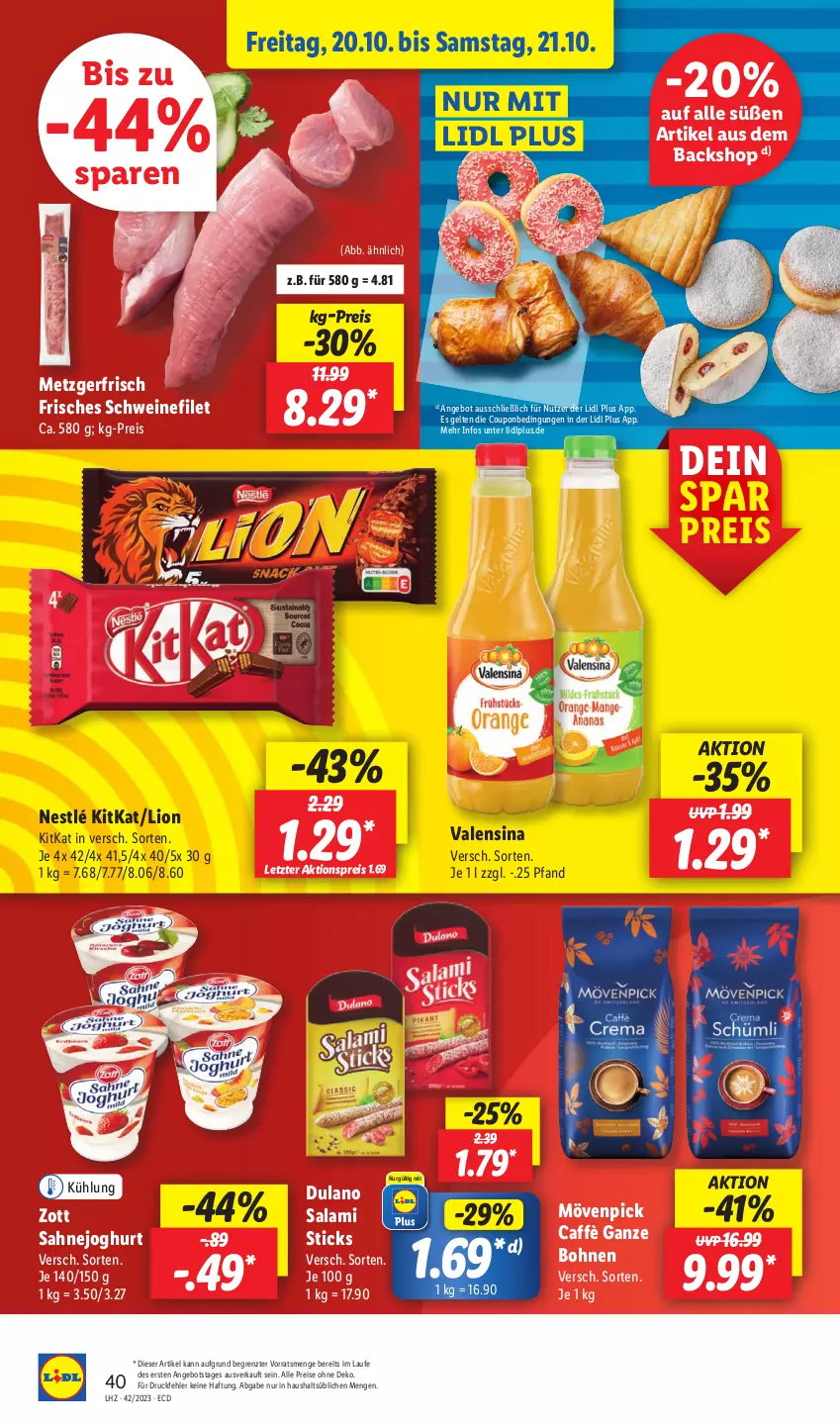 Aktueller Prospekt Lidl - Aktionsprospekt - von 16.10 bis 21.10.2023 - strona 52 - produkty: aktionspreis, angebot, bohne, bohnen, coupon, drucker, dulano, eis, Engel, filet, joghur, joghurt, kerze, kitkat, lion, mövenpick, nestlé, papier, reis, sahne, Sahnejoghurt, salami, schwein, schweine, schweinefilet, Ti, valensina, wein, weine, zott, ZTE