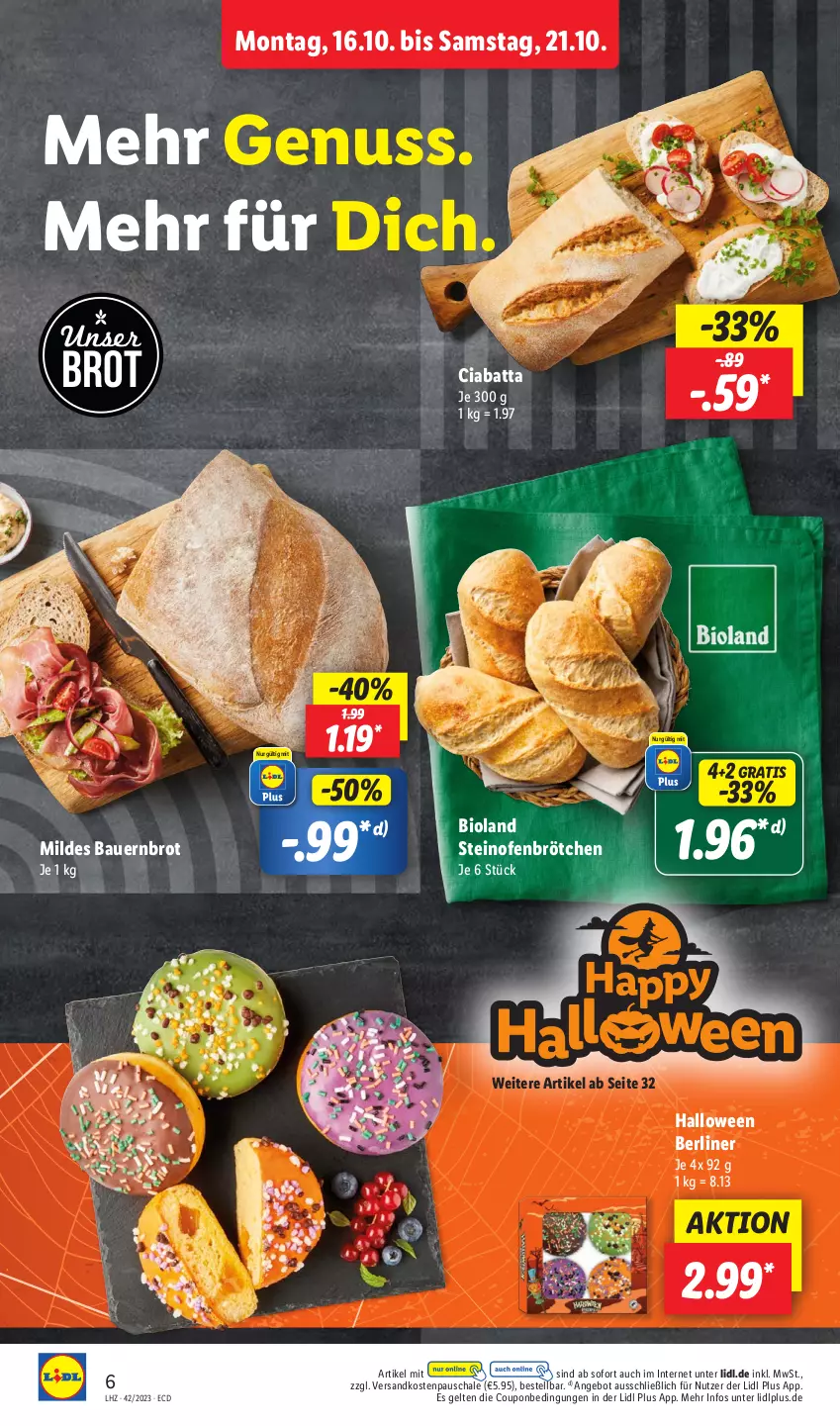 Aktueller Prospekt Lidl - Aktionsprospekt - von 16.10 bis 21.10.2023 - strona 8 - produkty: angebot, auer, Bau, Bauer, berliner, bio, bioland, brot, brötchen, ciabatta, coupon, ndk, nuss, Ofen, Schal, Schale, steinofen, Ti